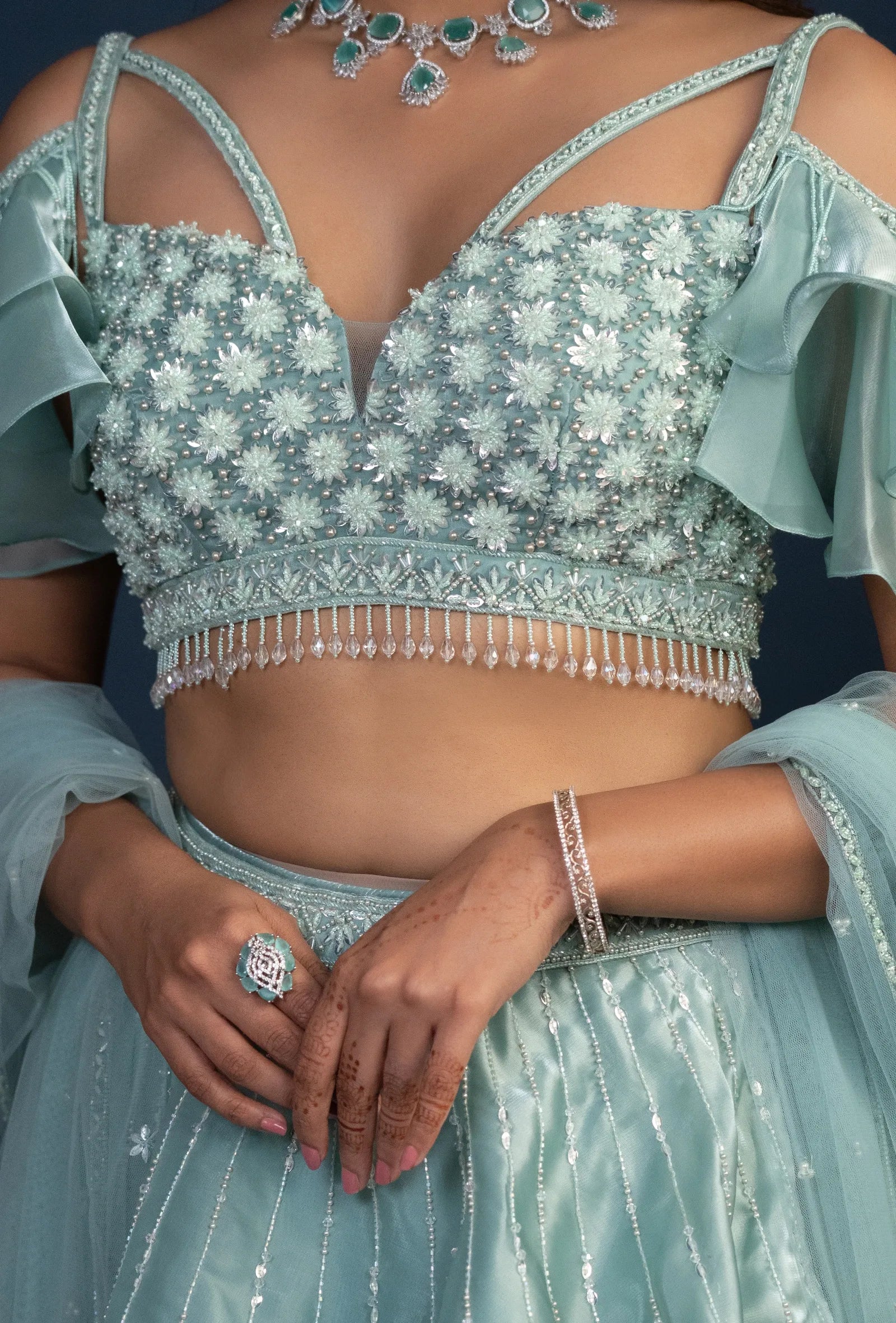 Celeste Blue Cold Shouldered Glass Tissue Lehenga Set