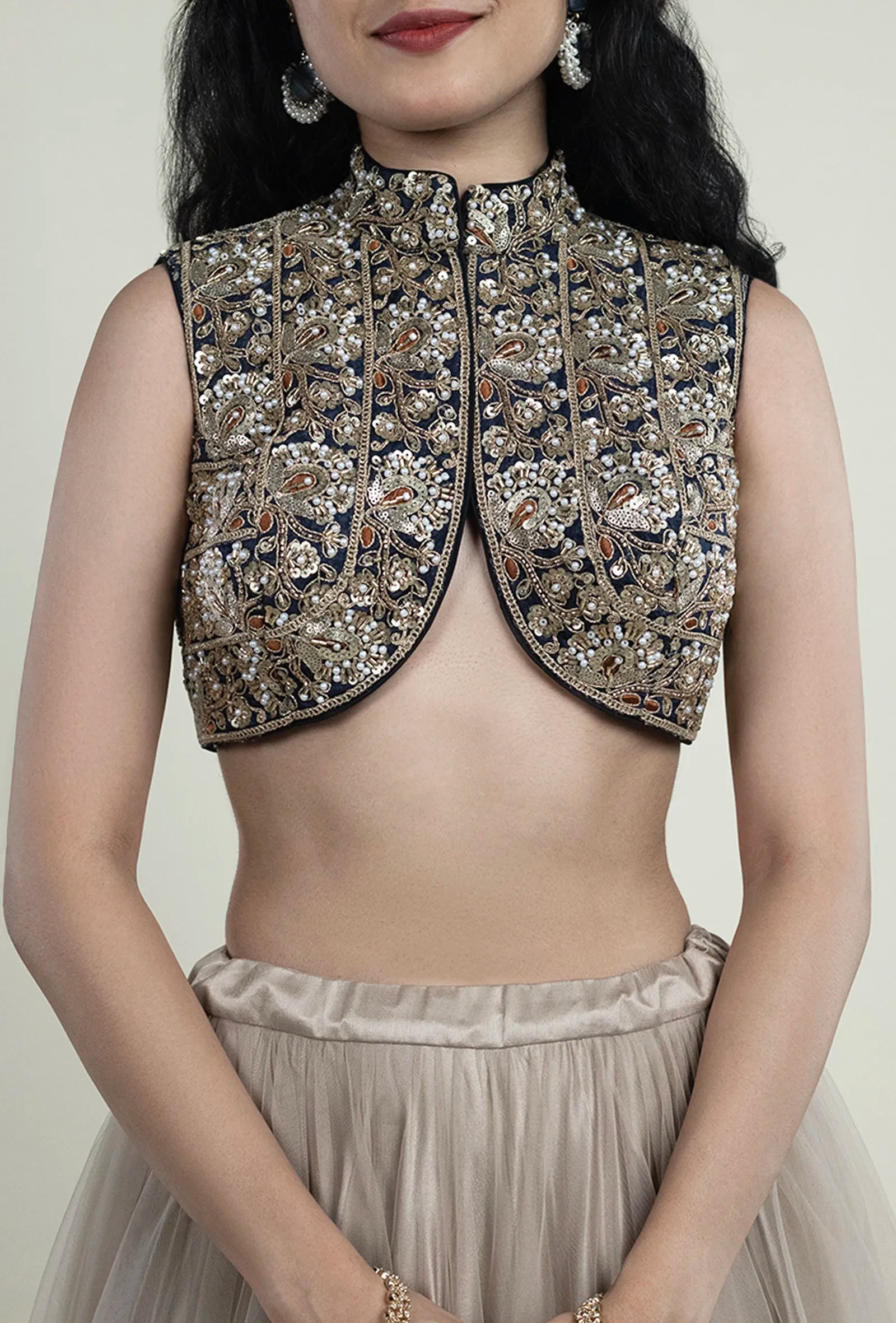 TJBL00038_3 Black Golden Embroidery Blouse