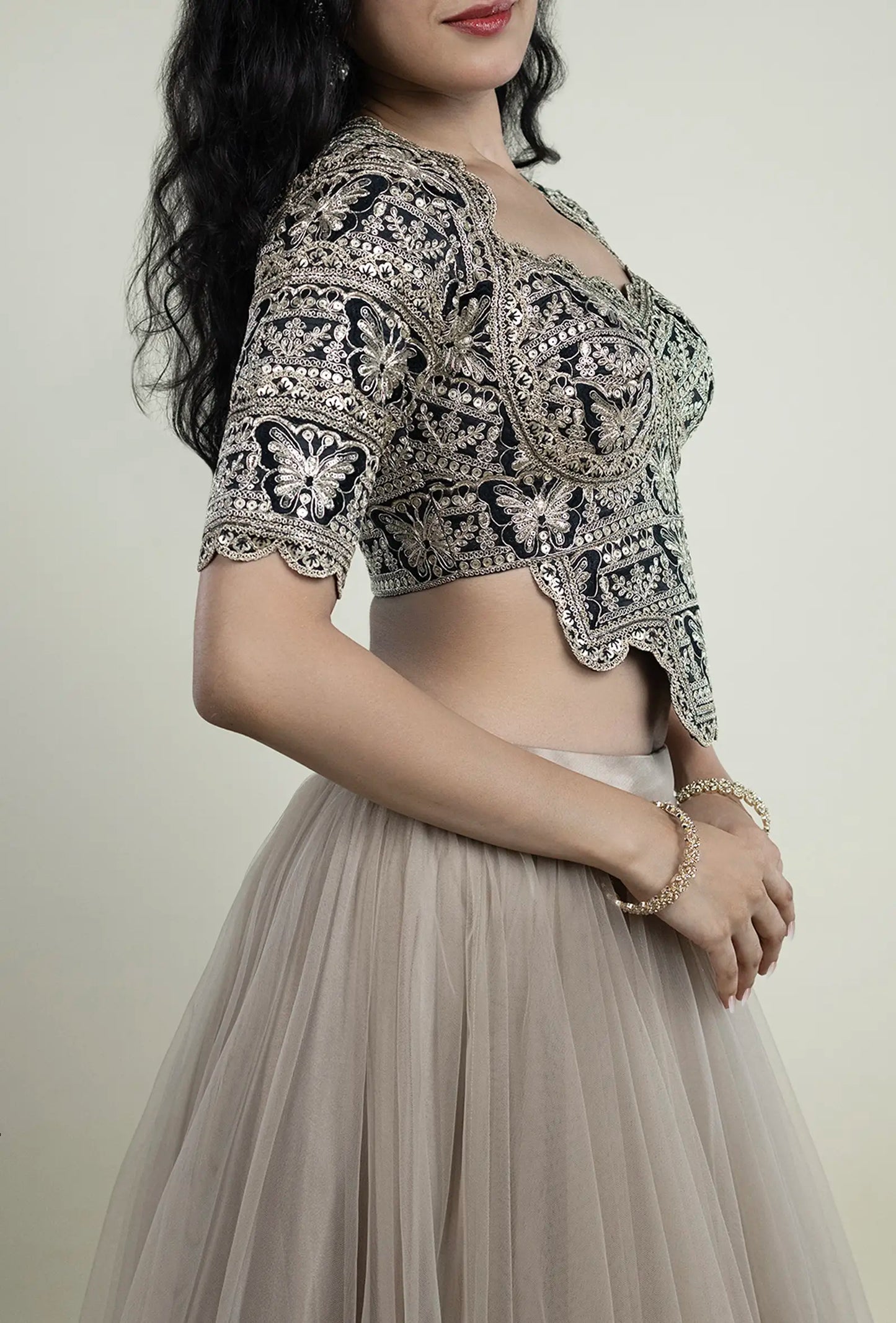 Black Gold Blouse with Zari & Sequin Butterfly Embroidery