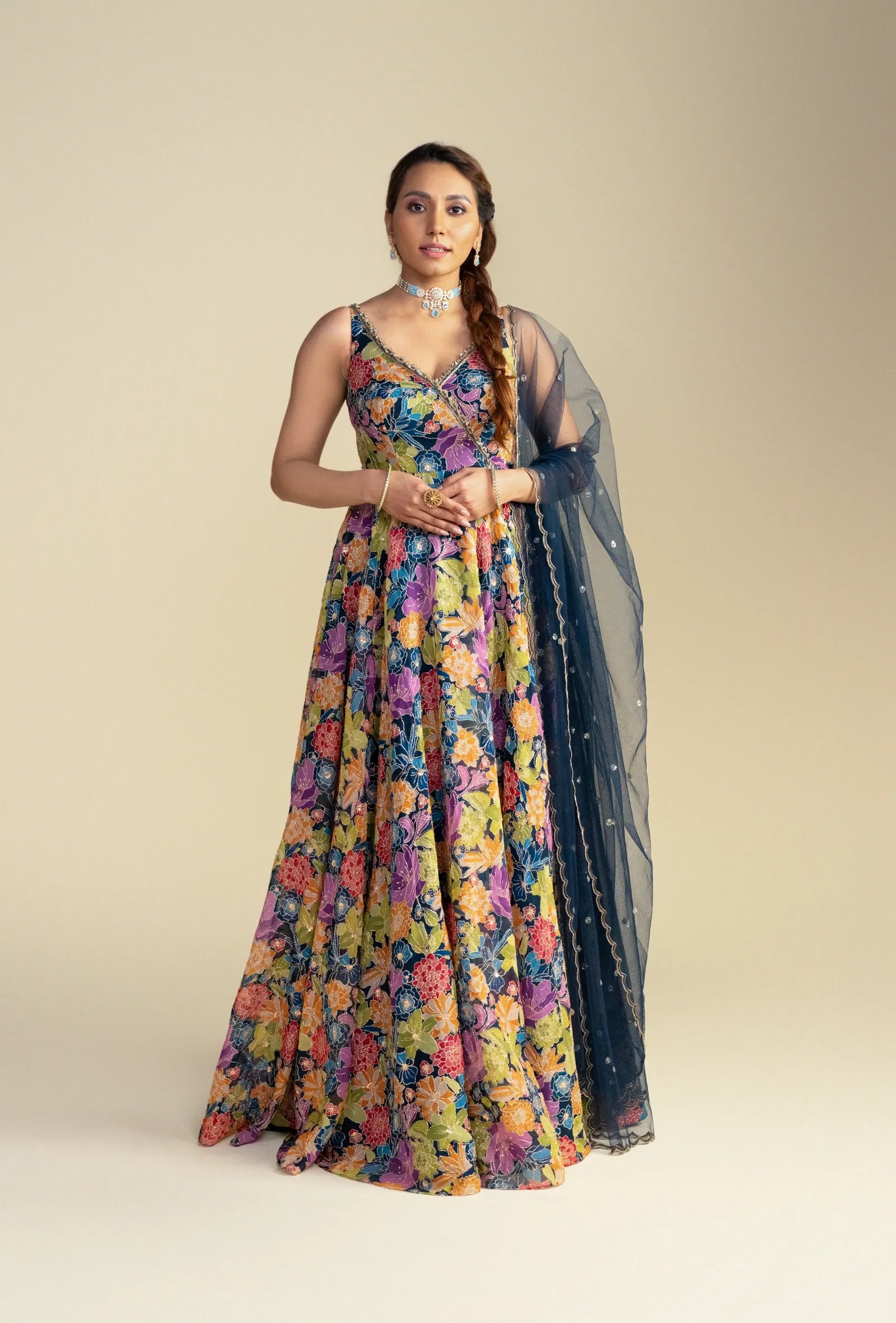 Navy Blue Floral V-Neck Anarkali