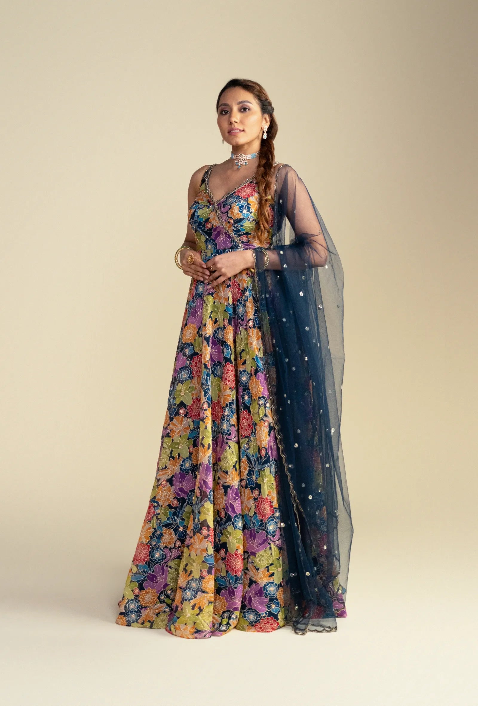 Navy Blue Floral V-Neck Anarkali