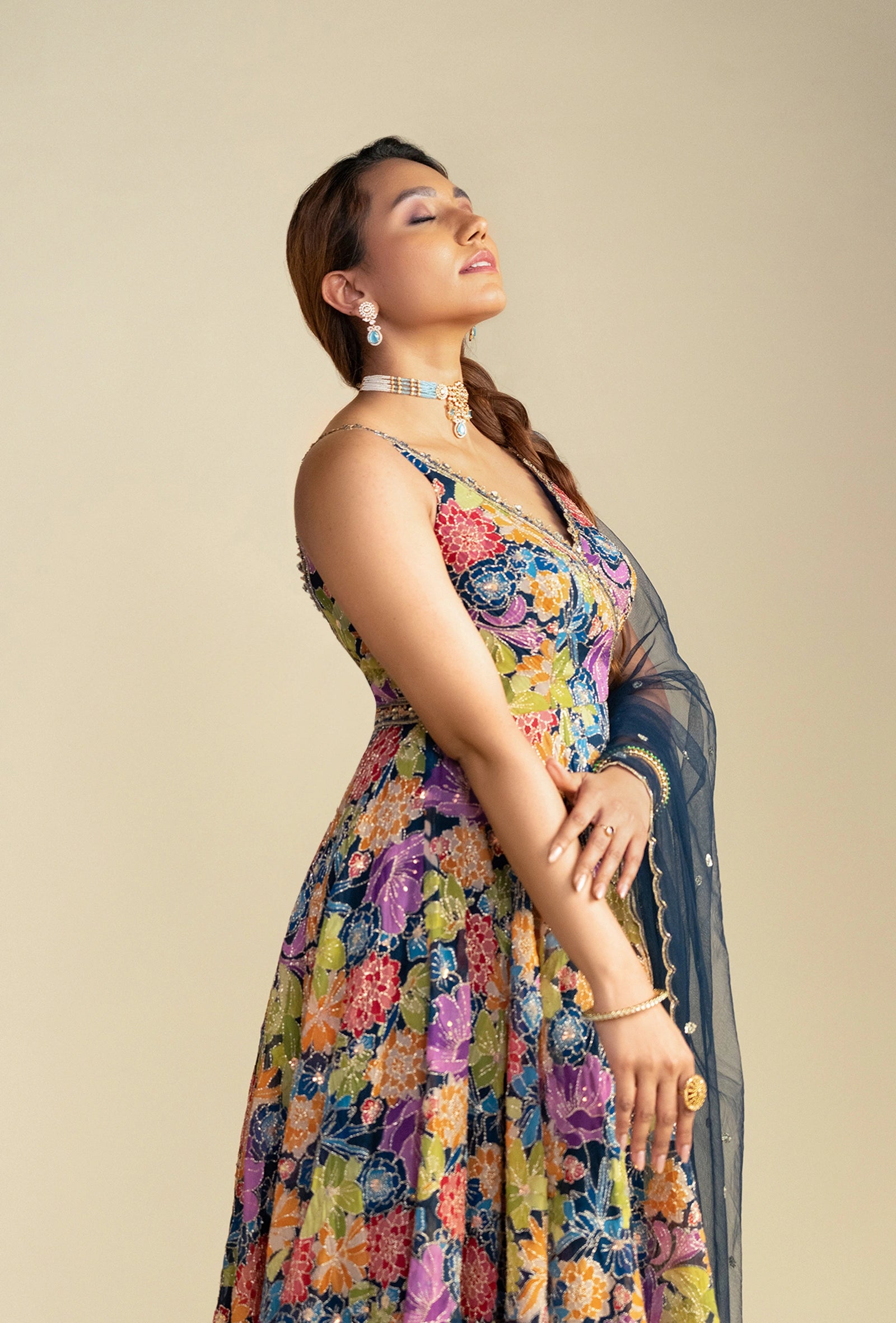 Navy Blue Floral V-Neck Anarkali