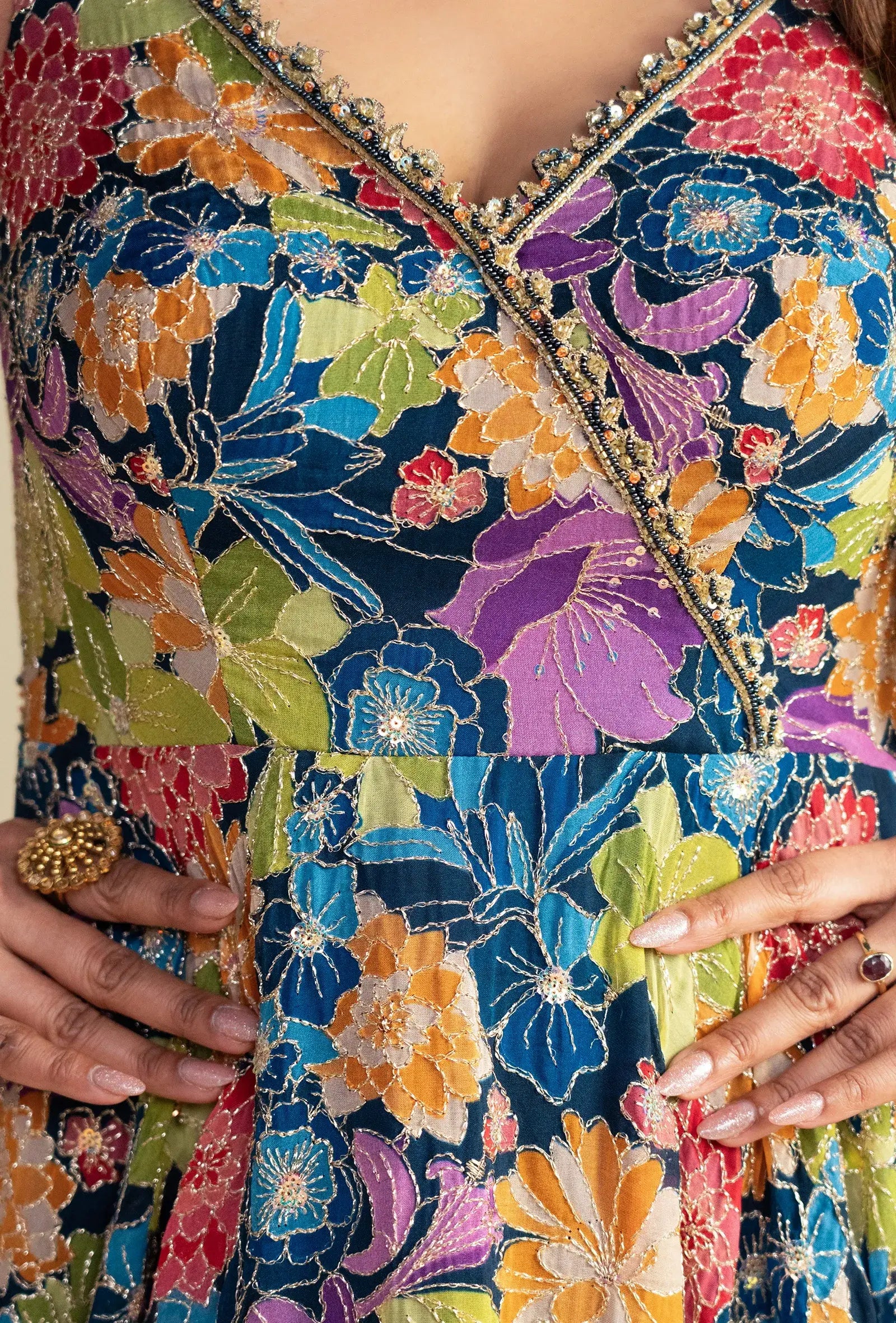 Navy Blue Floral V-Neck Anarkali