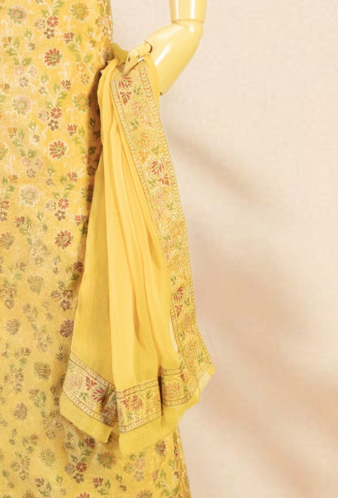 Mustard Yellow Chanderi Printed 3-Piece Suit for Women with Cotton Pant & Chiffon Dupatta