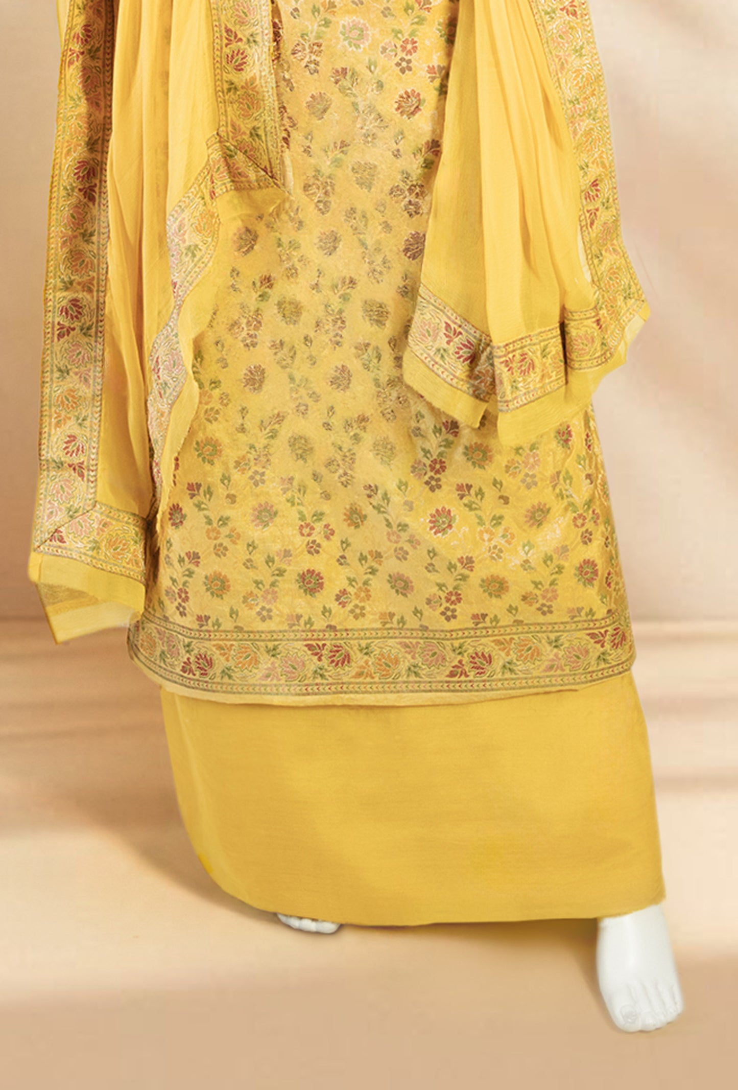Mustard Yellow Chanderi Printed 3-Piece Suit for Women with Cotton Pant & Chiffon Dupatta