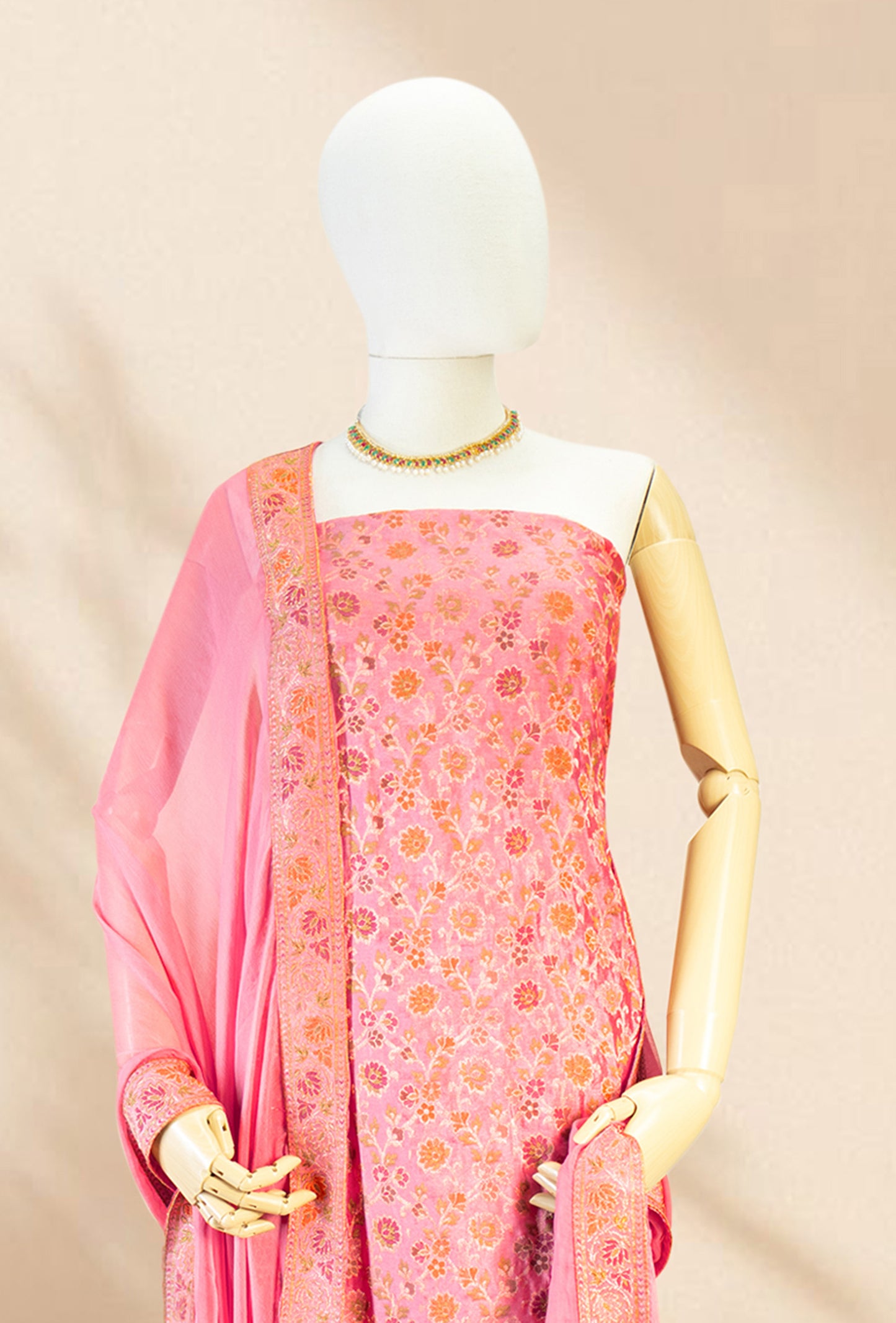 Coral Pink Chanderi Printed Ethnic Suit Set for Women