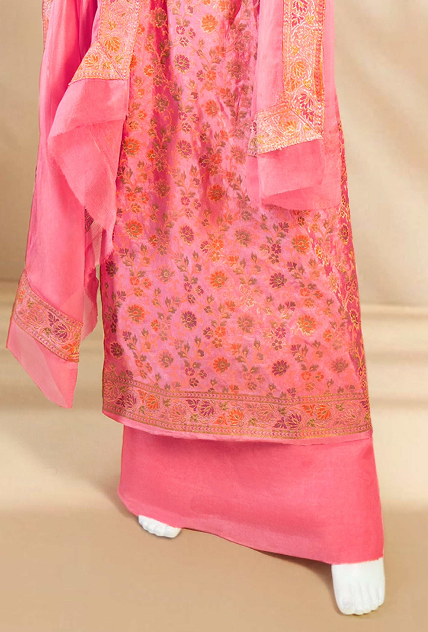 Coral Pink Chanderi Printed Ethnic Suit Set for Women