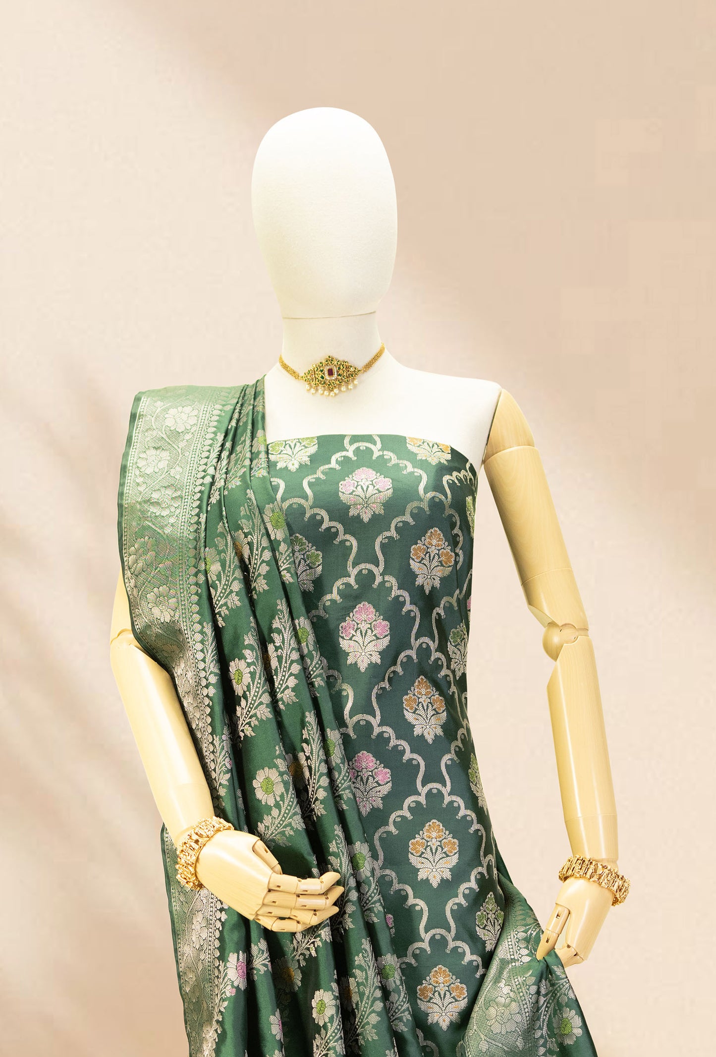 Bottle Green Banarasi Silk 3-Piece Suit Set – Kurta, Pant & Dupatta