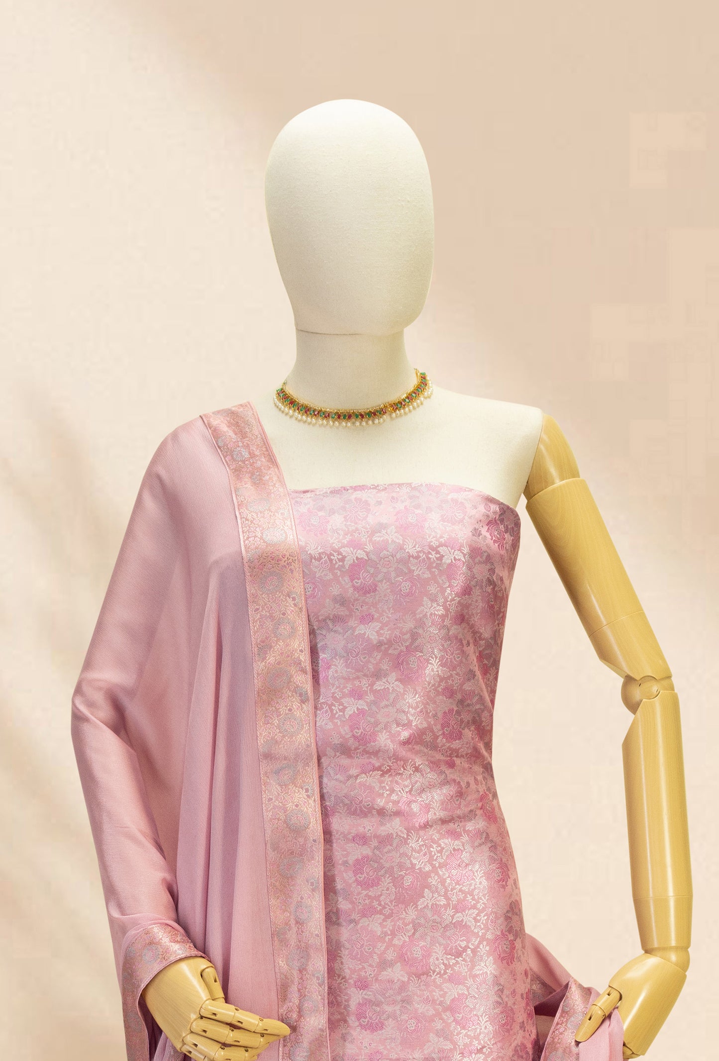 Salmon Pink Modal Silk Suit Piece with Crepe Pant & Chinon Duppatta