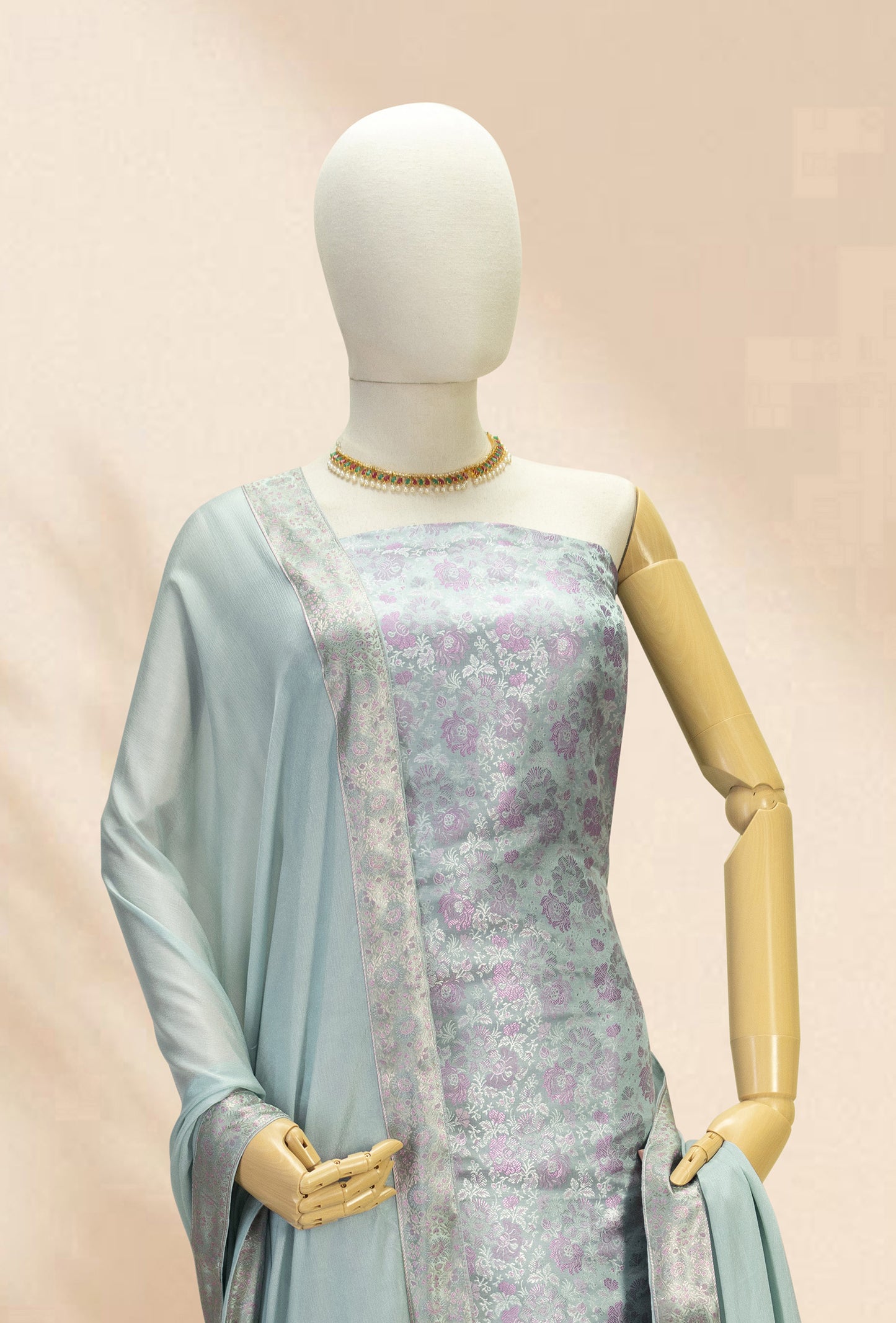 Powder Blue Modal Silk 3-Piece Suit – Kurta, Crepe Pant & Chinon Dupatta