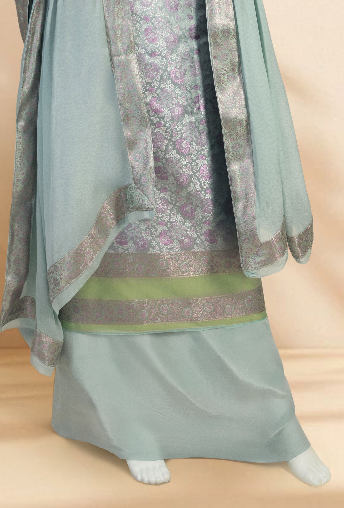 Powder Blue Modal Silk 3-Piece Suit – Kurta, Crepe Pant & Chinon Dupatta