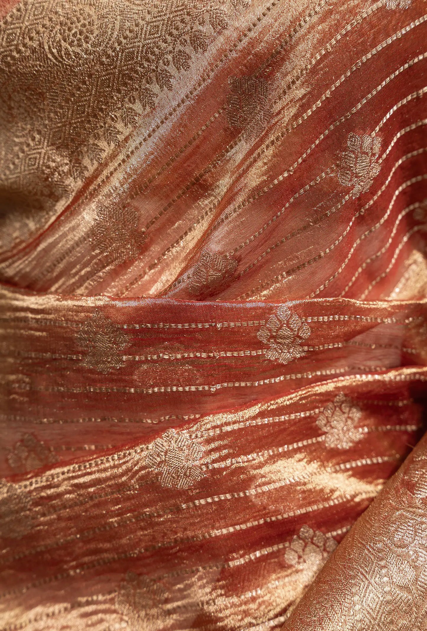 Rust Red Striped Crushed Tissue Silk Saree With Unstitched Blouse