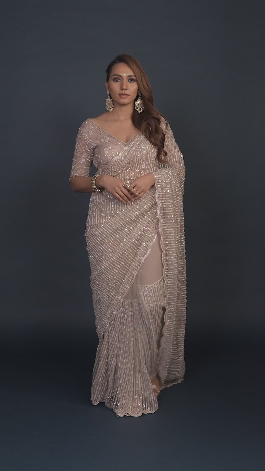 Raina Dusky Pink Pre Pleated Saree with Crystal Tassels