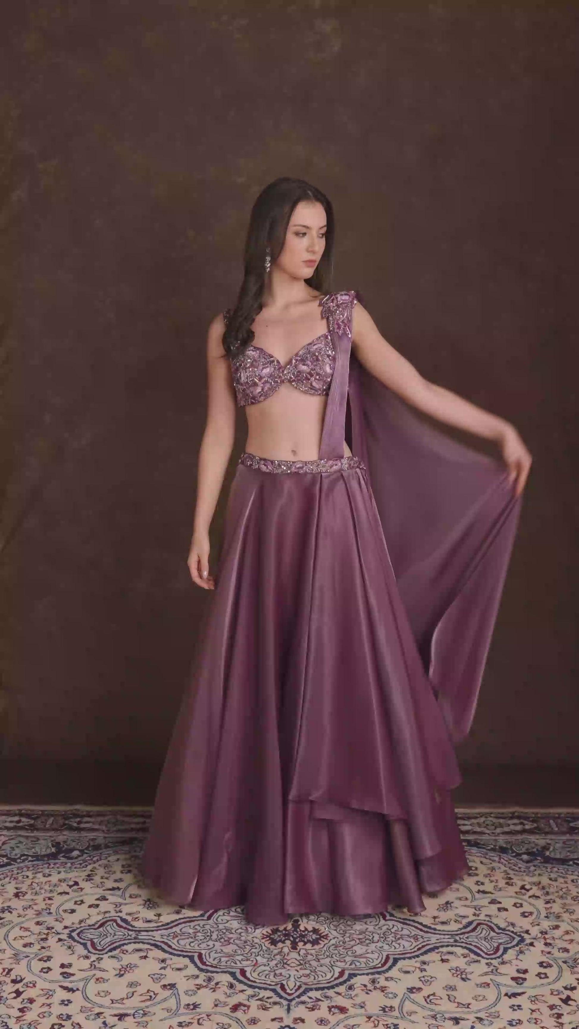 Amora Berry Wine Glass Tissue Embroidered Lehenga Set with Attached Dupatta