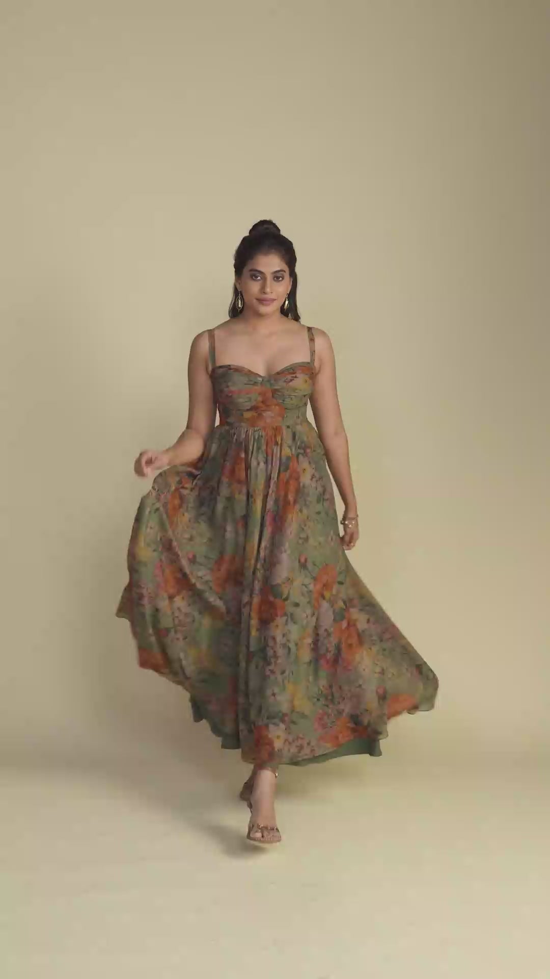 Olive Green Floral Print Short Dress