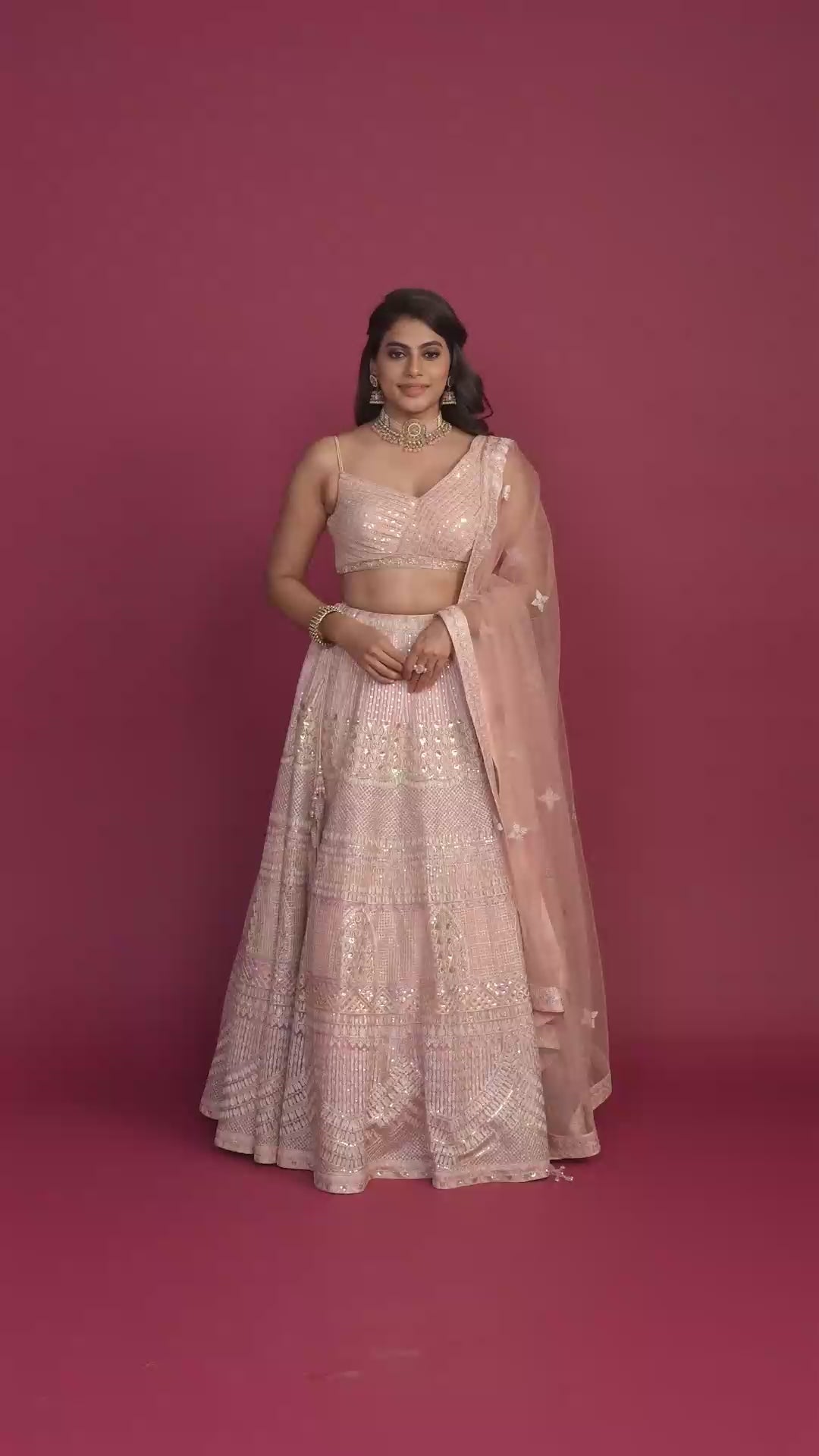 Daphne Pink Net Dupatta With Zardozi And Resham Work Lehenga Set