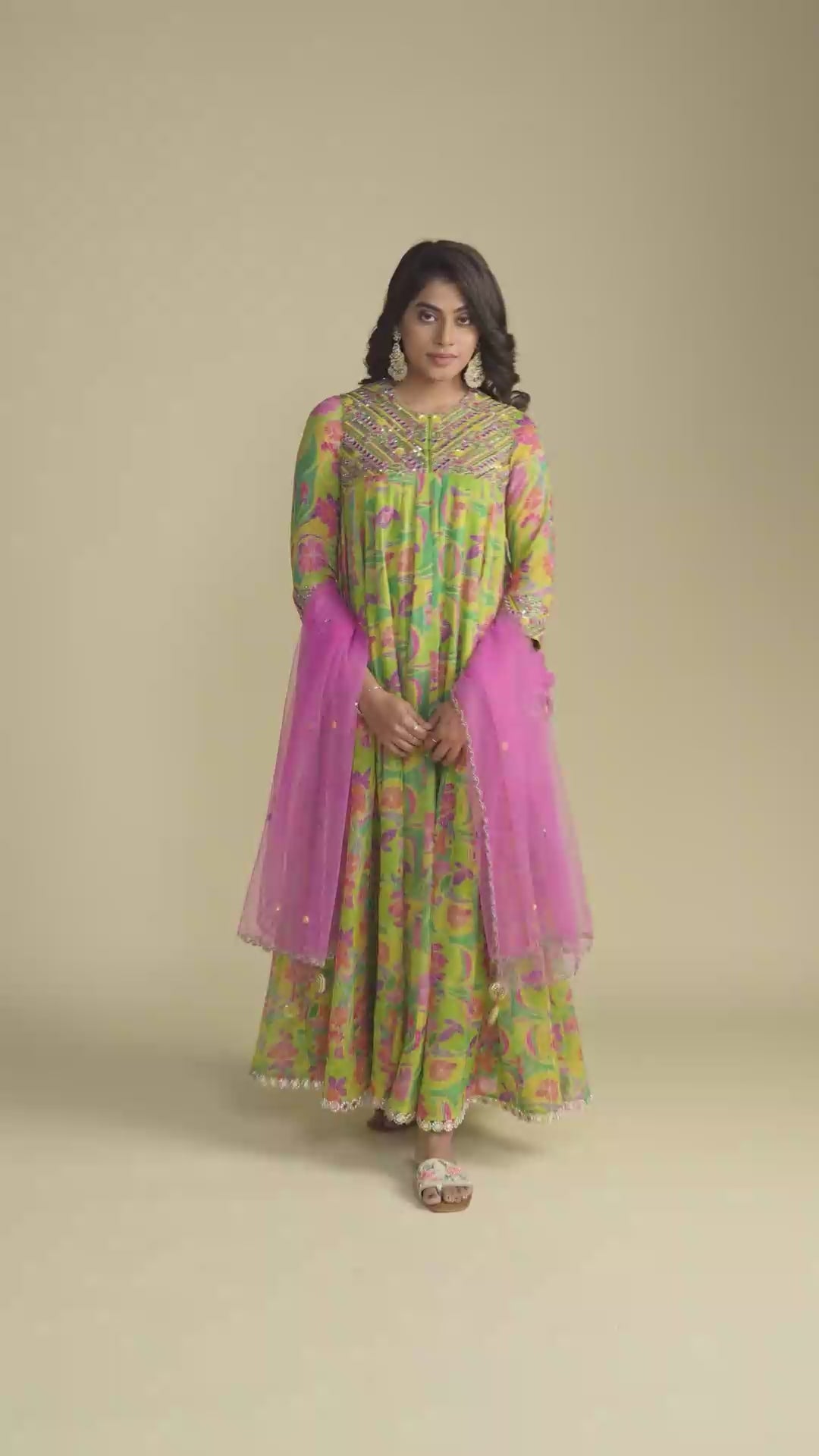 Green Floral Anarkali Set