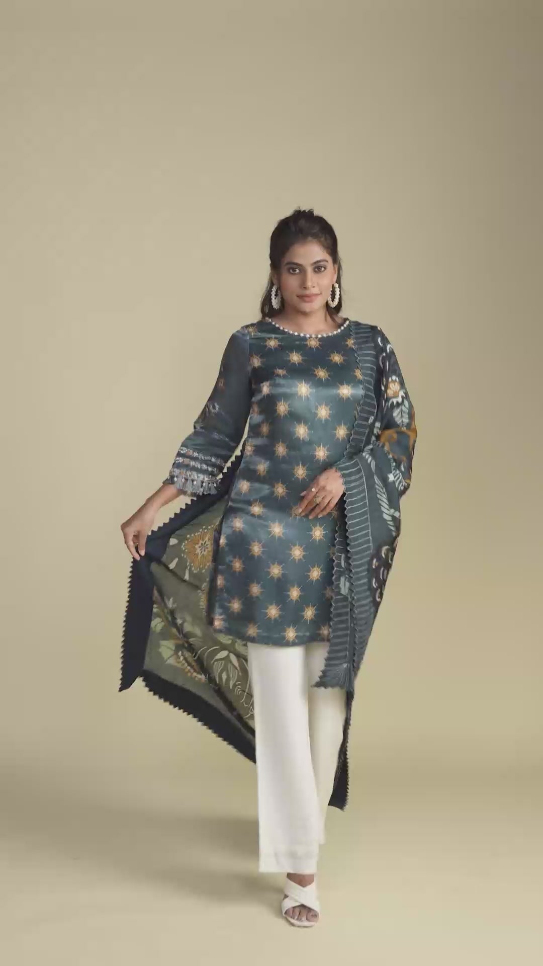 Charcoal Blue Silk Kurta with Floral Print Dupatta