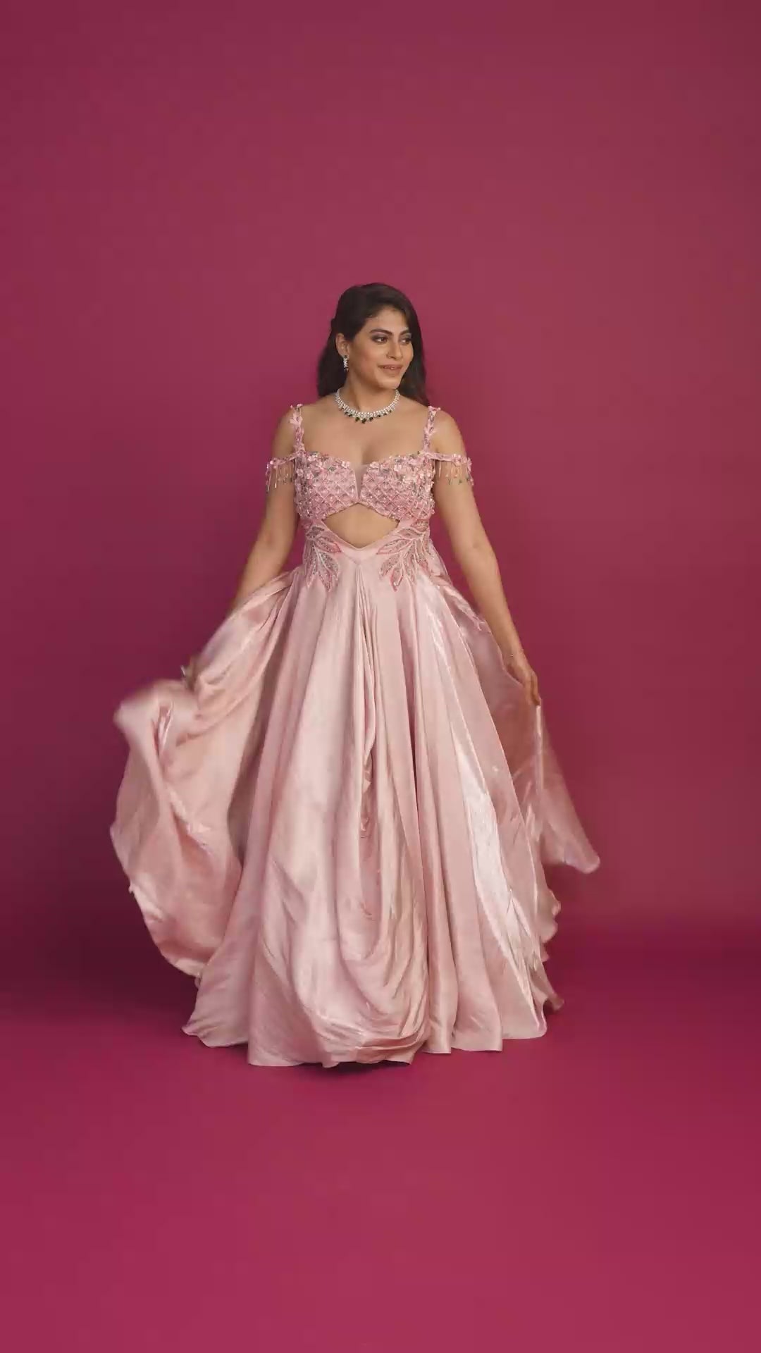 Vivenne Pink Gabana Satin Cold Shouldered Gown