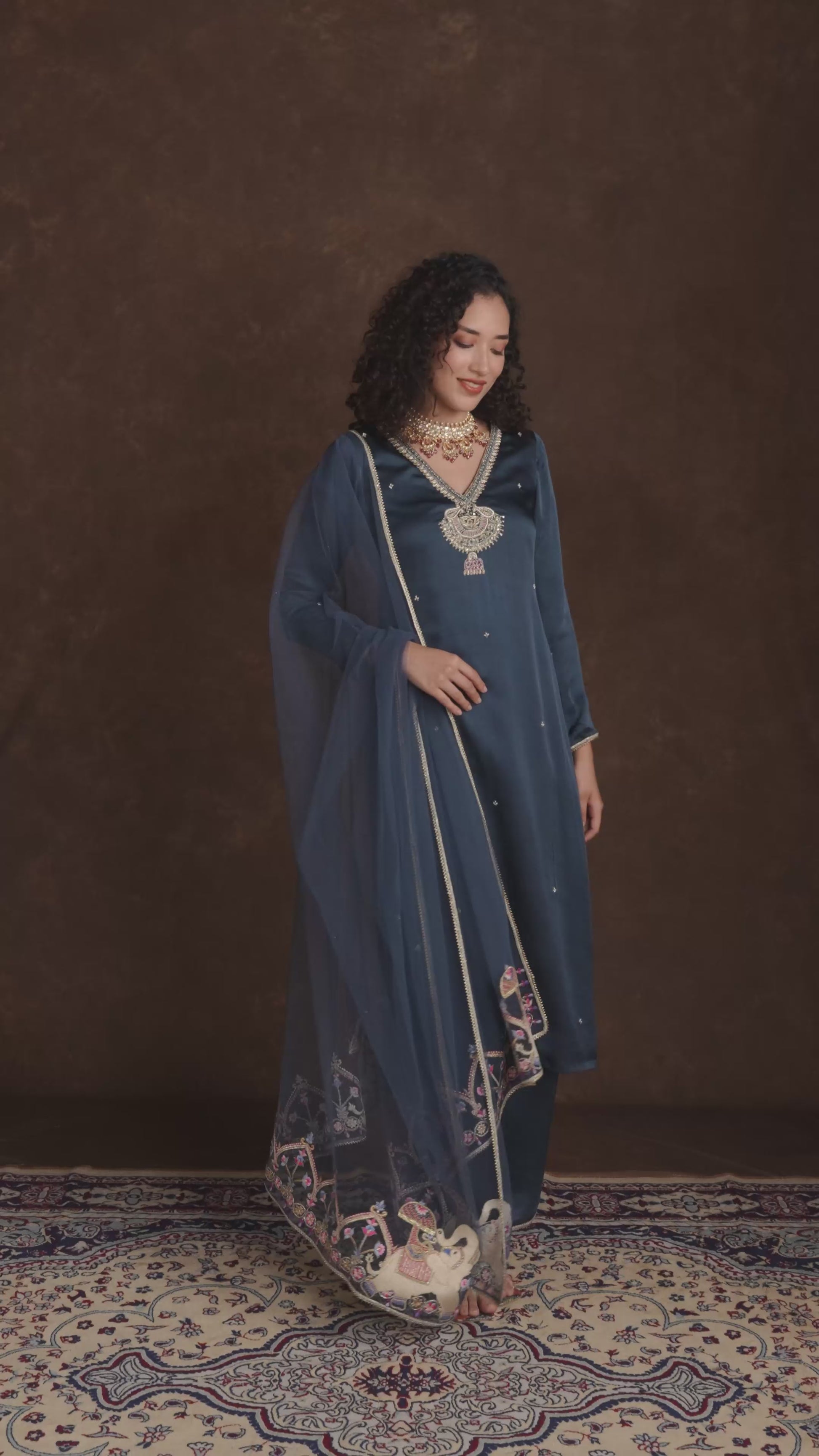 Navy Blue Silk Motif Embroidered Ethnic Kurta Set