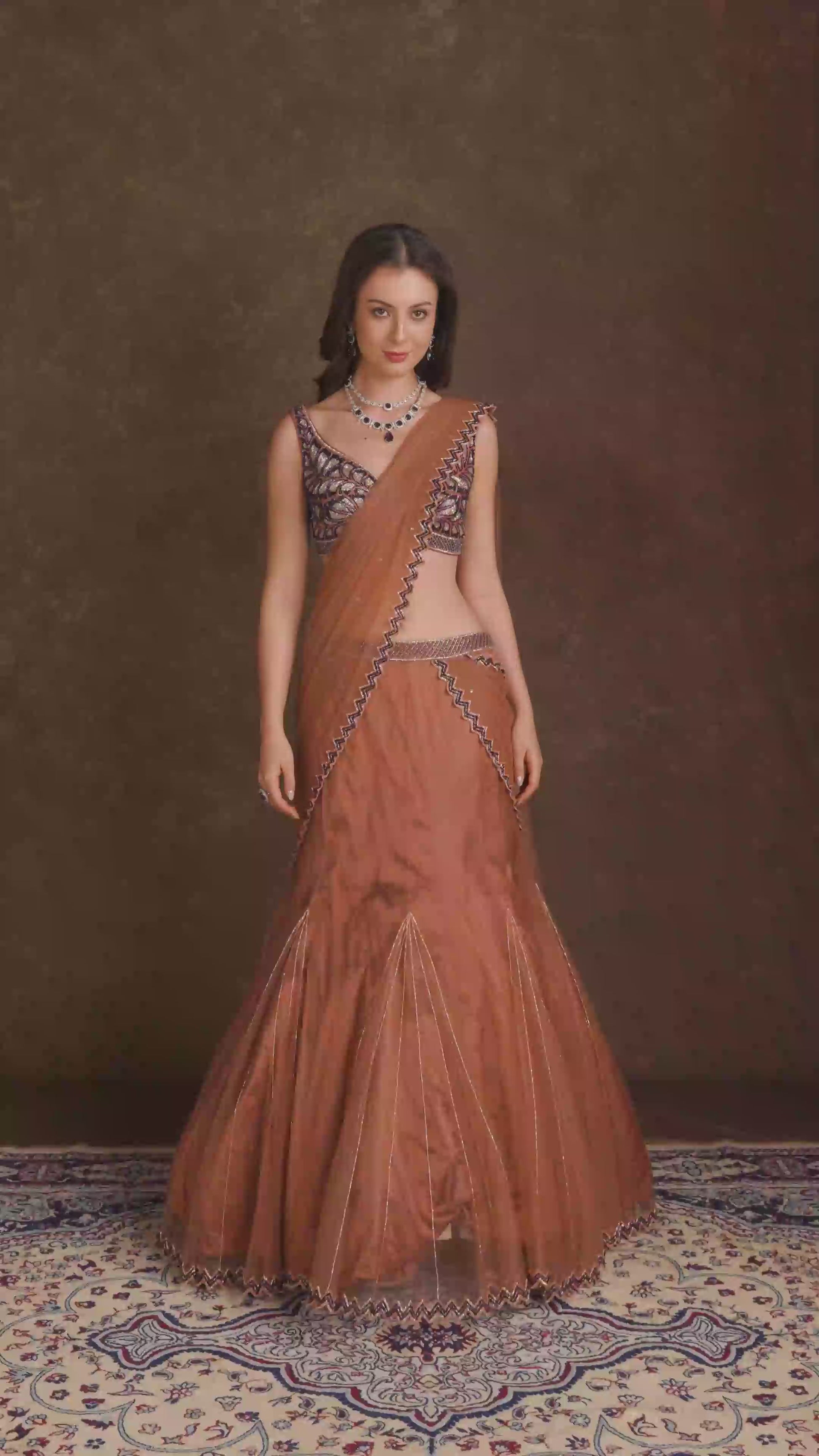 Saira Rust Red Mermaid Ruffle Lehenga Saree