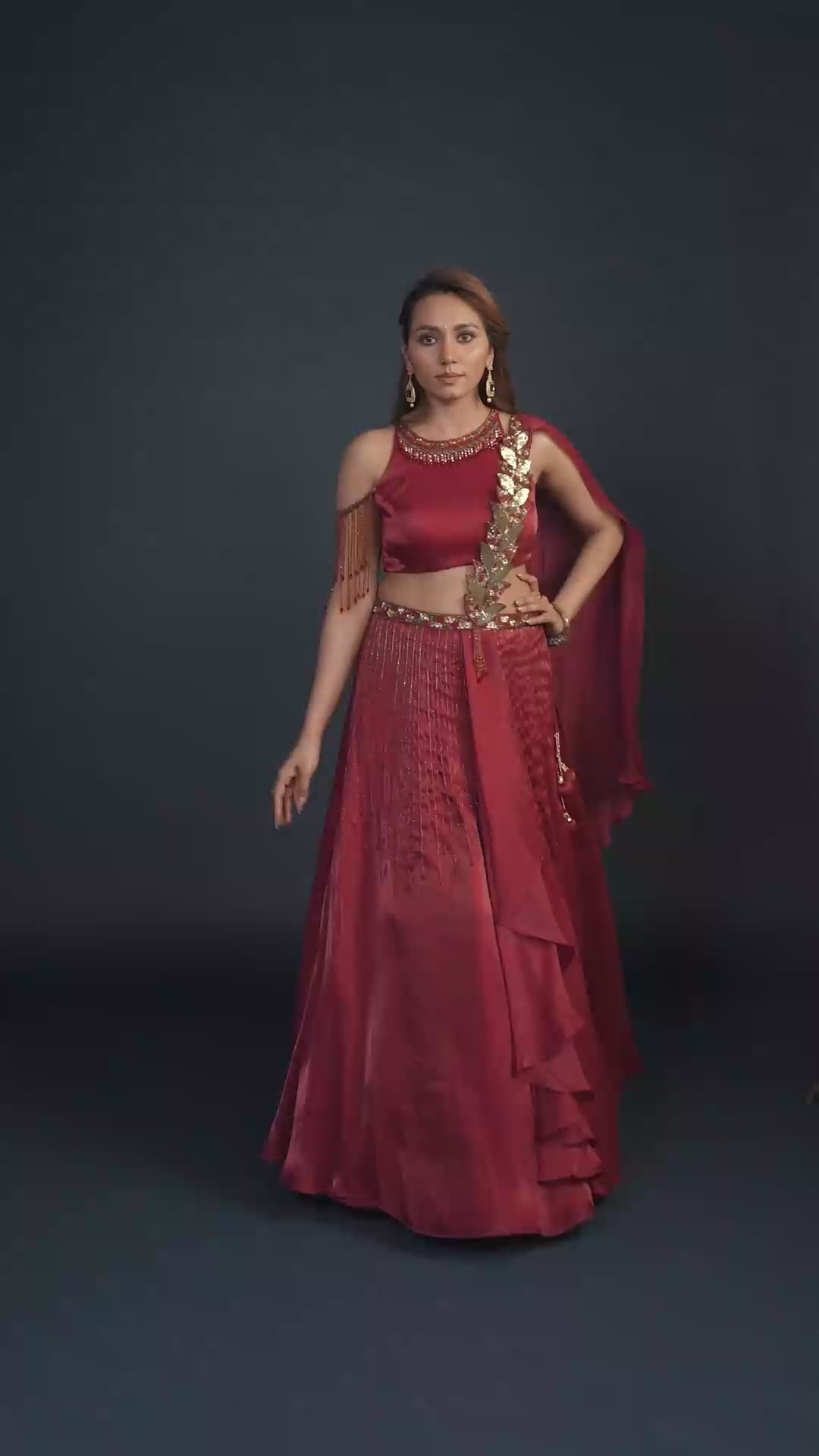 Cider Rust Red Embroidered Lehenga Set with Attached Dupatta