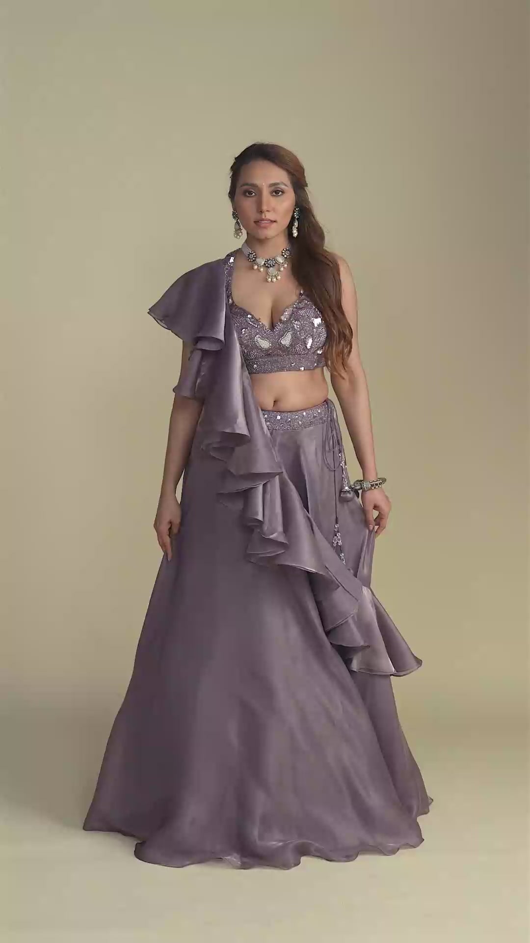 Amber Purple Rose Ruffled Dupatta Lehenga Set