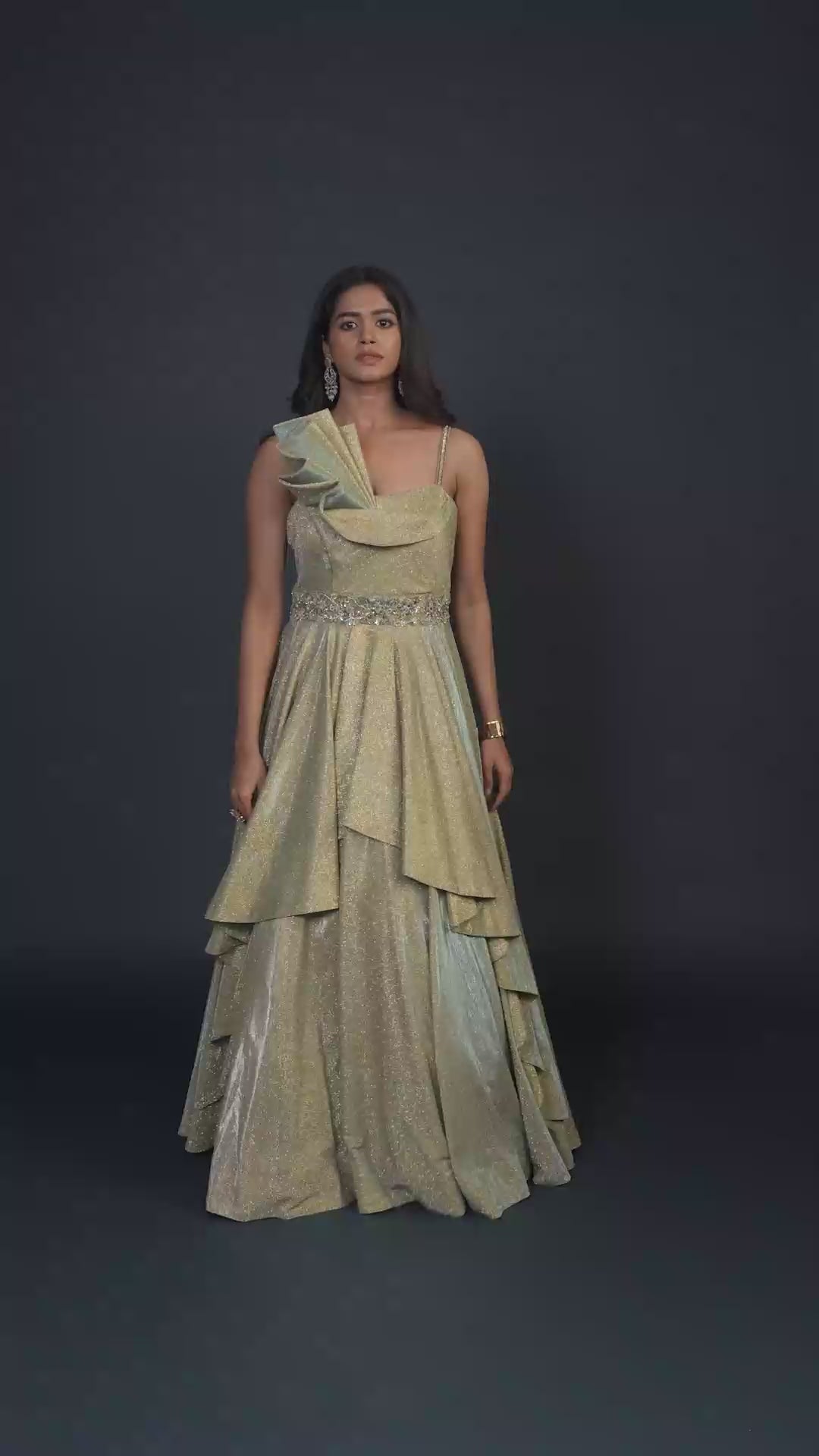 Luna Golden Green Multilayered Stone Work Gown