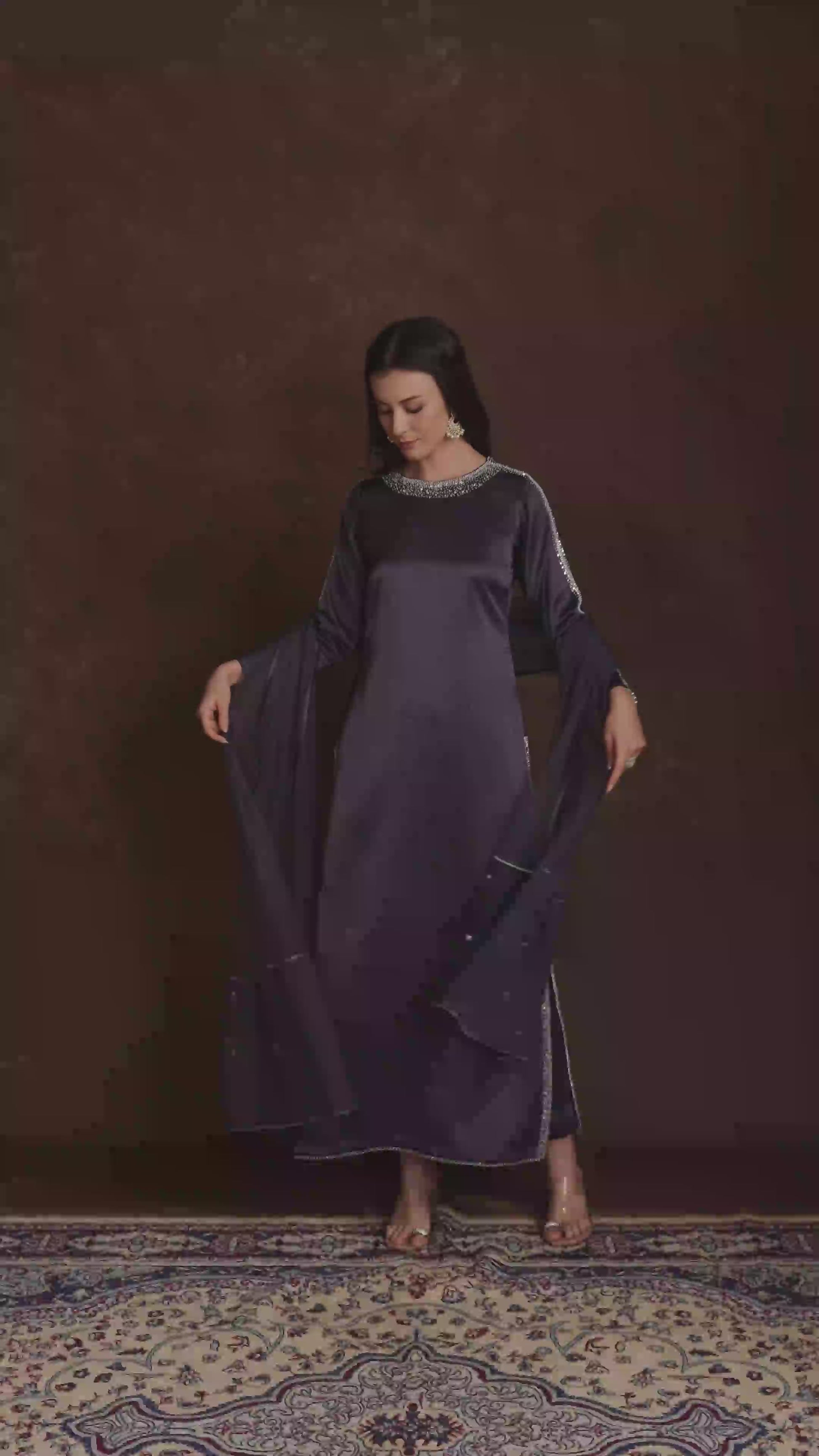 Midnight Blue dazzled Neck Silk Contemporary Kurta Set