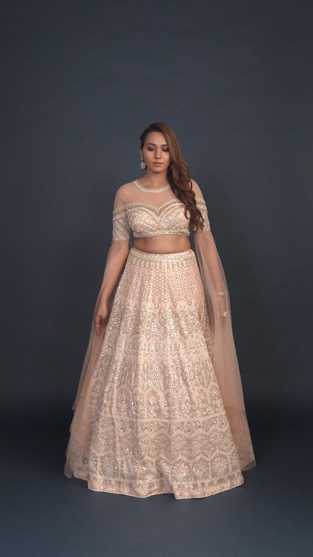 Elysian Peach Two Piece Lehenga Set with Resham & Sequins Work Cape