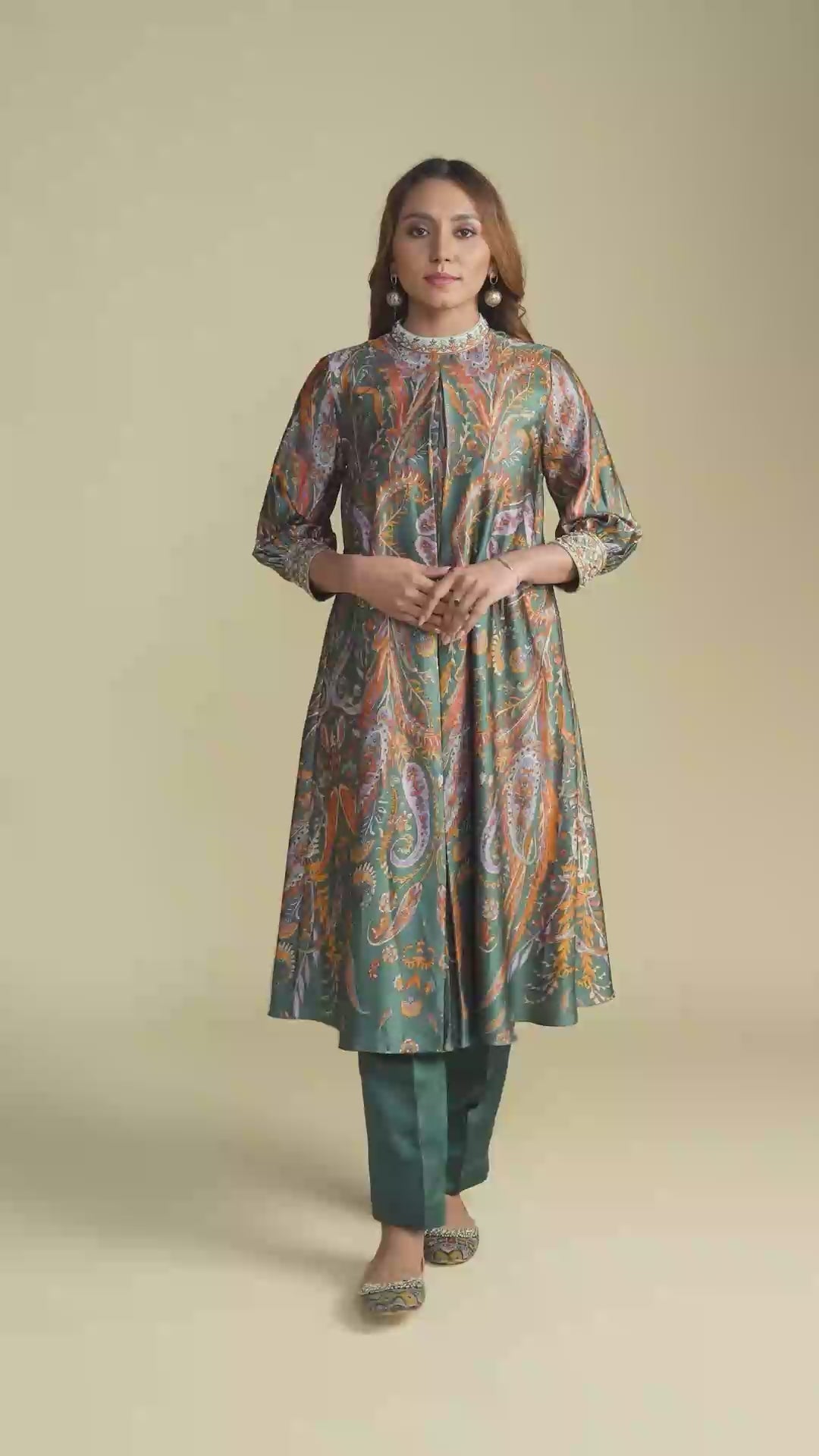 Green Digital Print Silk Kurta Set