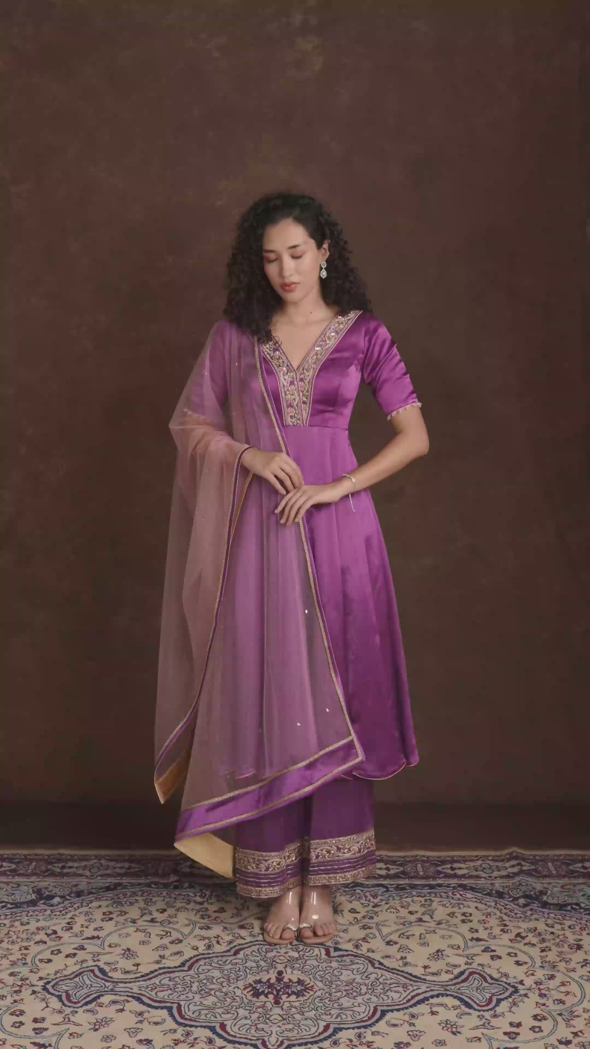Berry Wine Plunging V-Neck Short Anarkali Set
