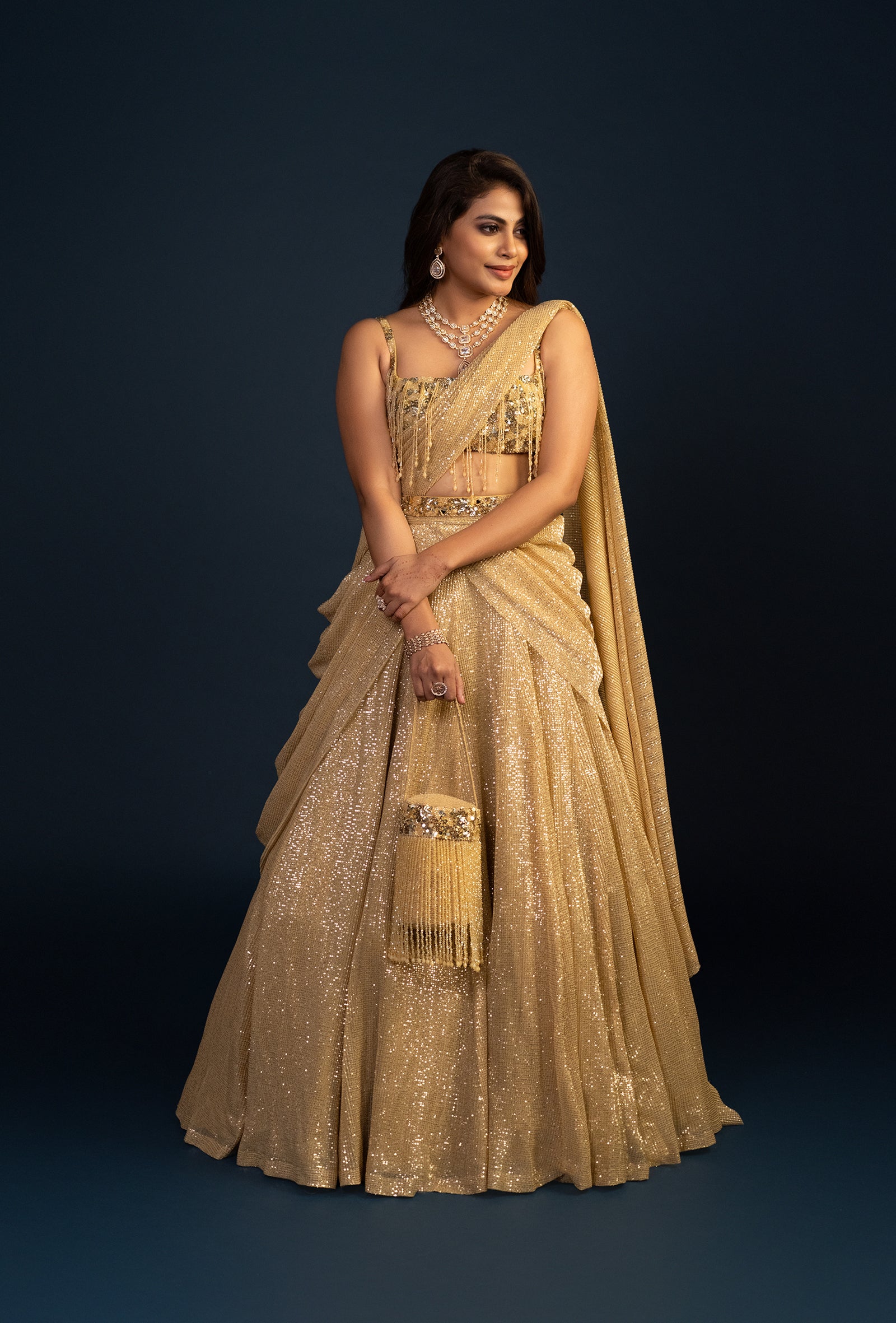 Eskimo Golden Glam Stone Work Lehenga with Sequined Attached Dupatta