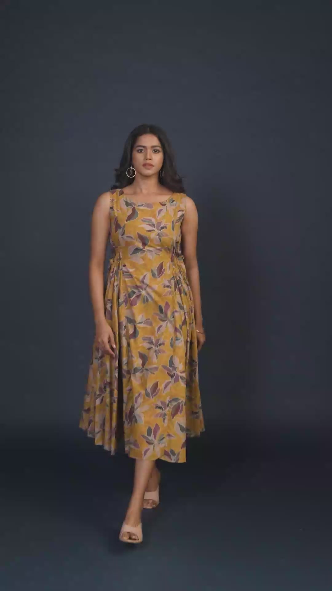 Ochre Floral Print Hip Pleated Midi Dress