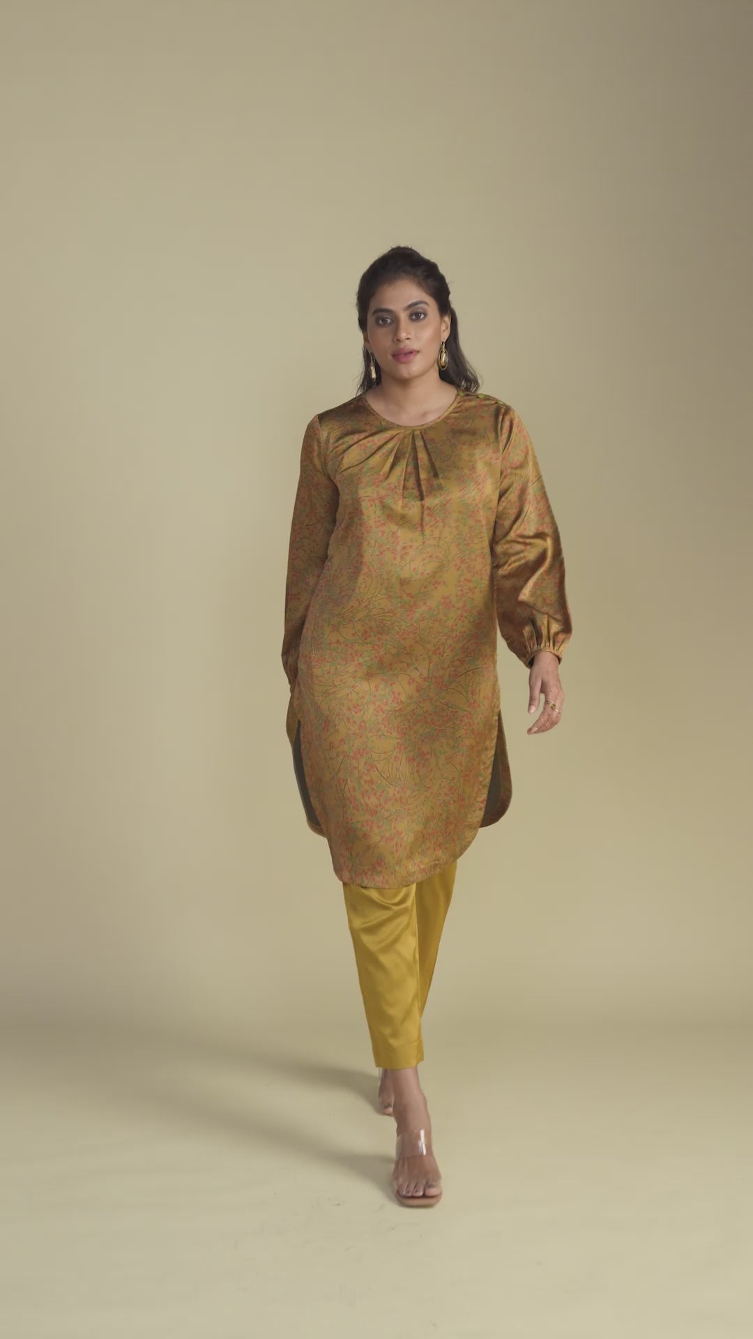 Golden Palm Crepe Satin Kurta Set