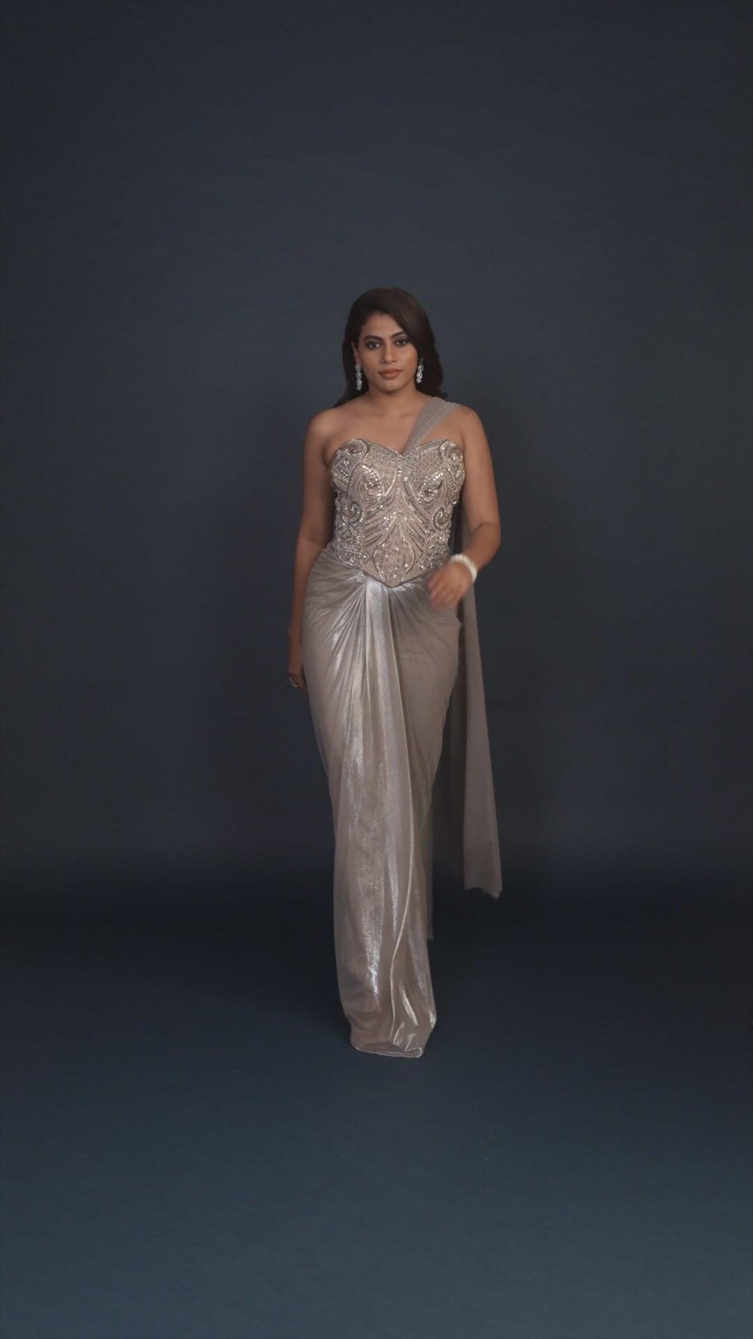 Delphine Waist Emphasizing Corset and Cinched Skirt Set in Metallic Silver