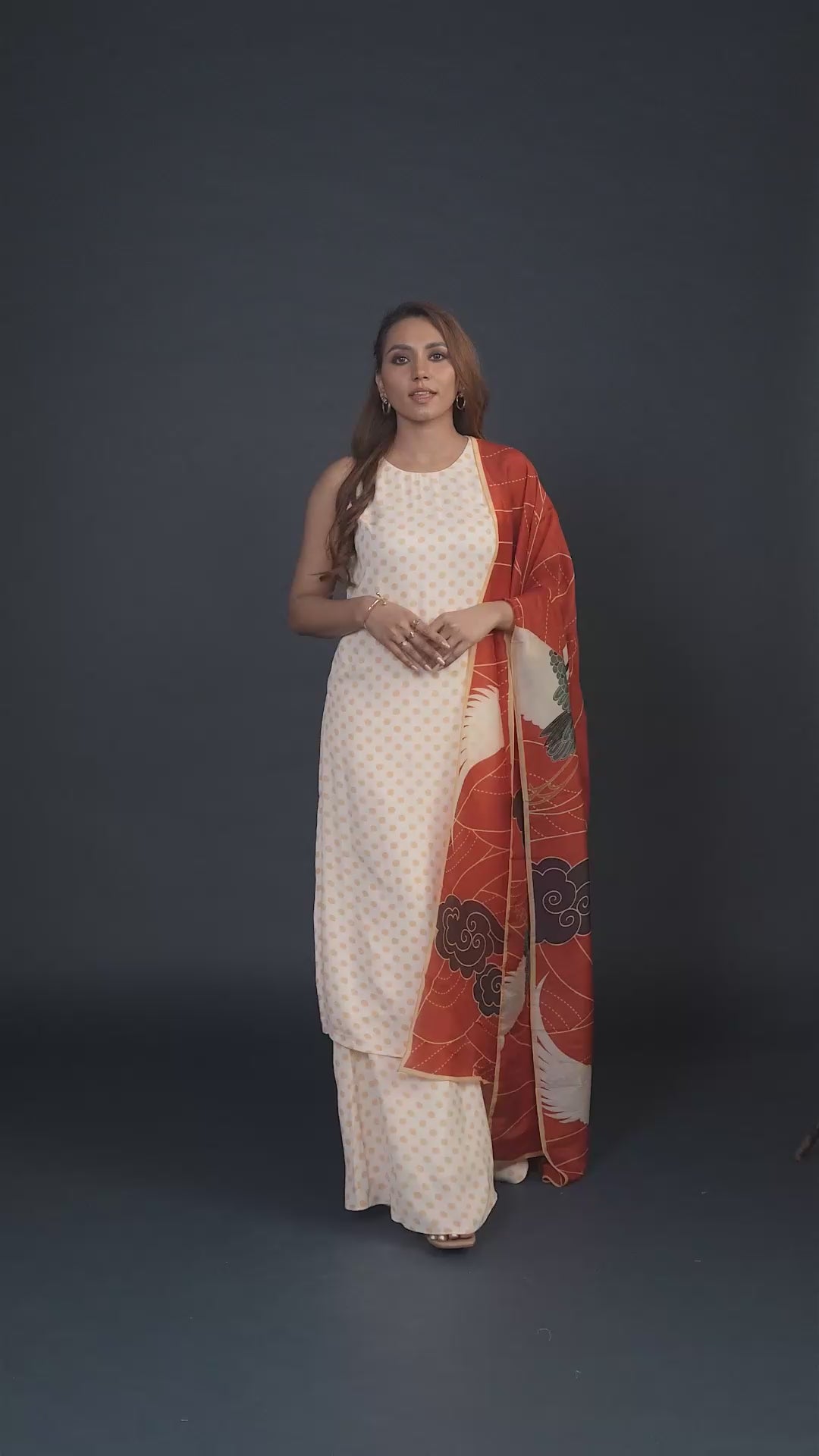 White Polka Dotted Kurta Set with Red Dupatta