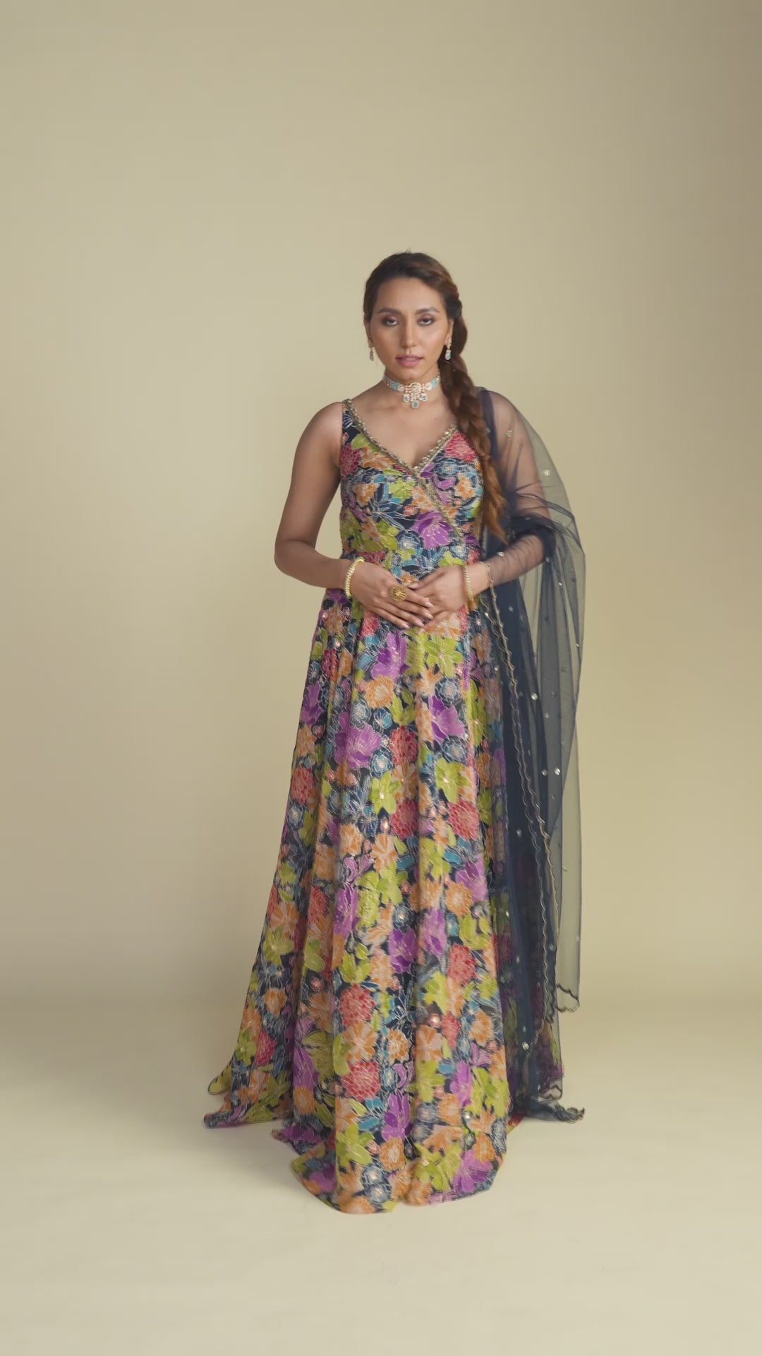 Navy Blue Floral V-Neck Anarkali