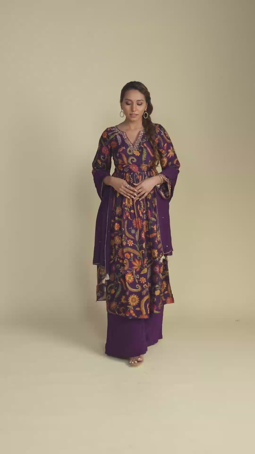 Purple Floral Silk Kurta & Palazzo Set