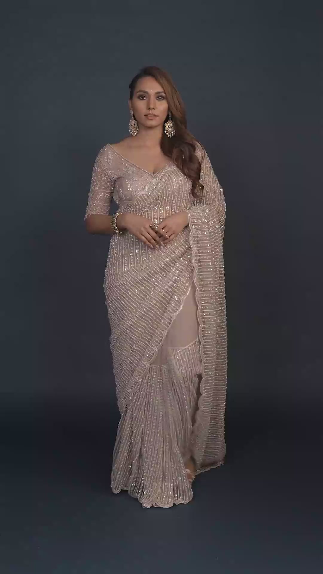 Raina Dusky Pink Pre Pleated Saree with Crystal Tassels