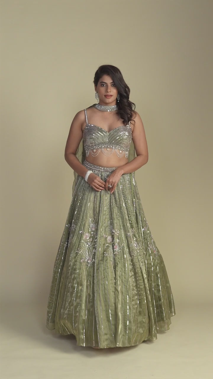 Aurum Moss Green Glass Organza Lehenga with Metallic Blouse