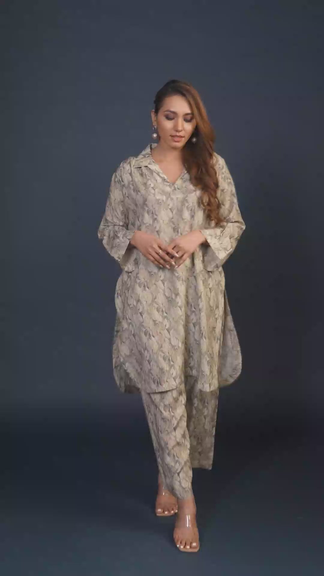 Grey Shirt Collar Short Kurta Set