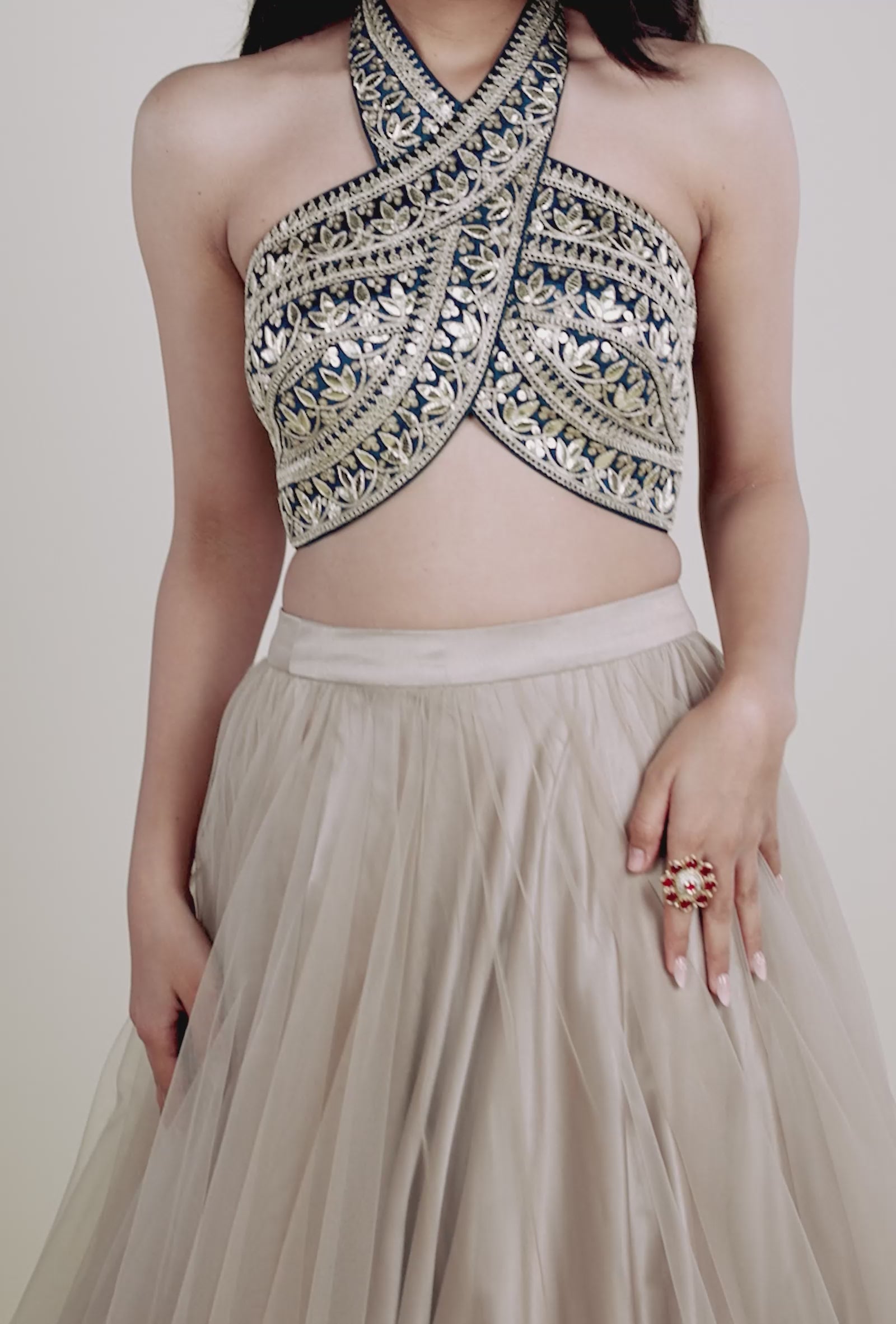 Teal Green Blouse with Golden Embroidery