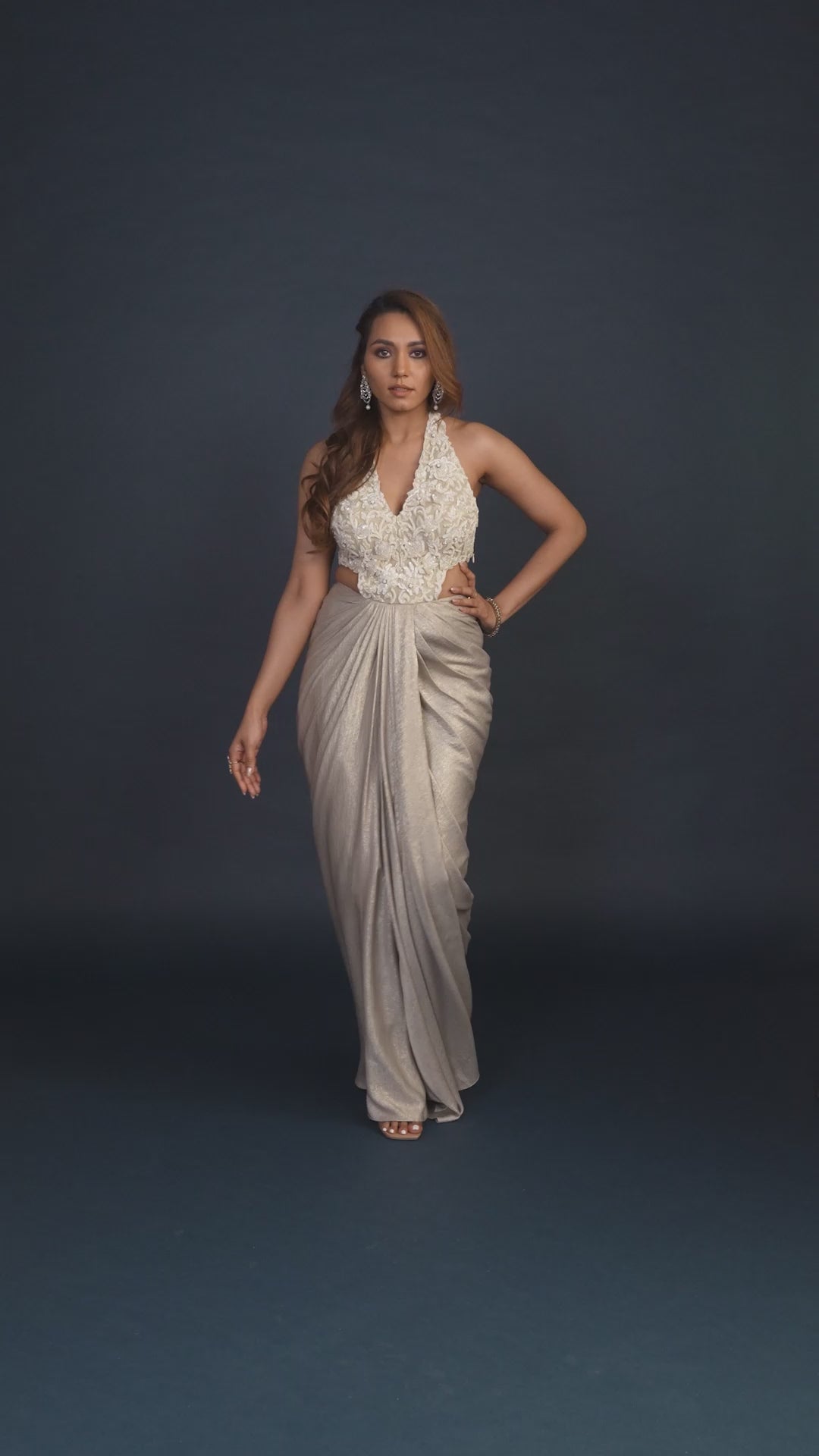 Audrey Grey Waist Cut Out Shimmer Gown