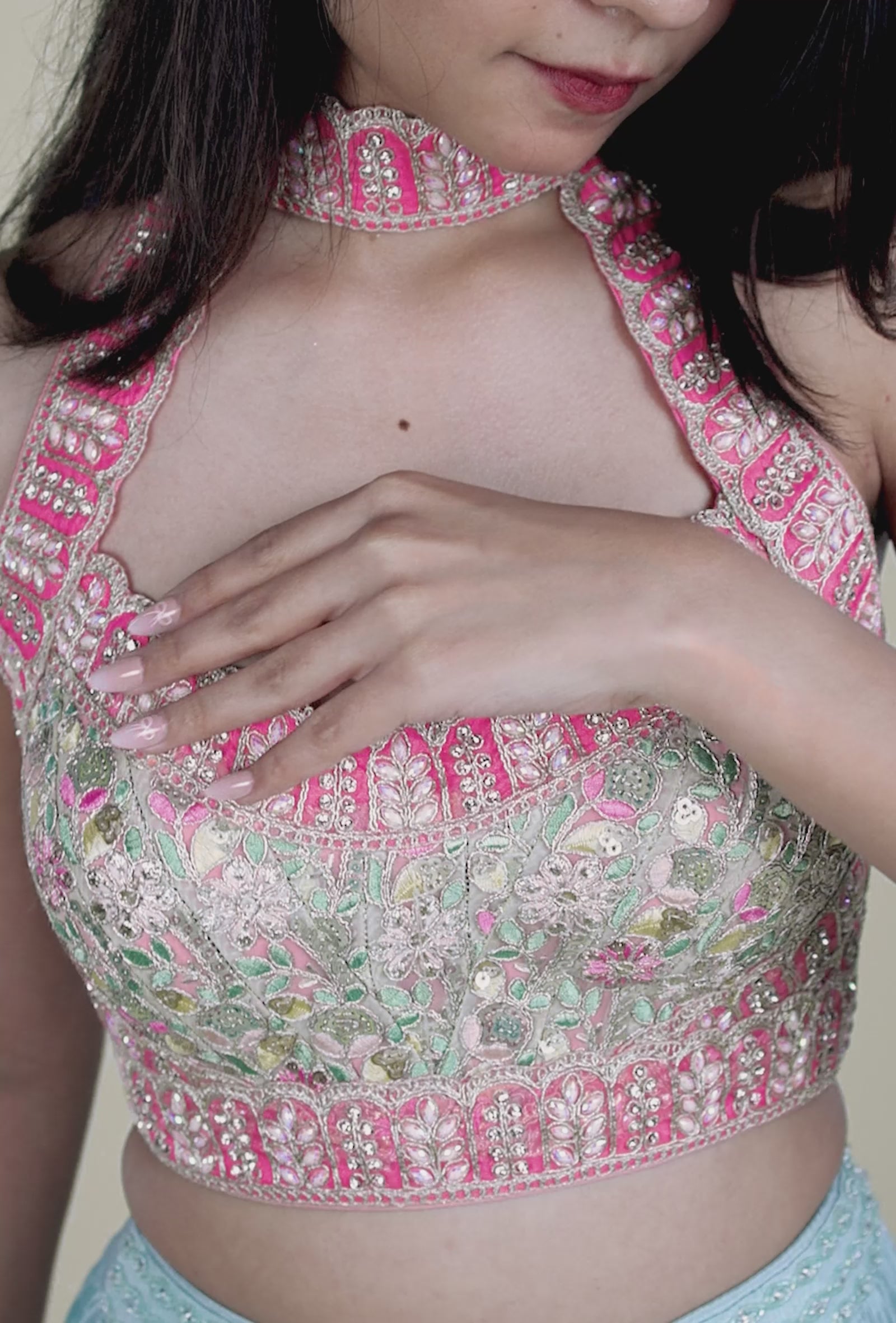 Pink Resham Embriodery and Gold Sequence Embroidery Blouse