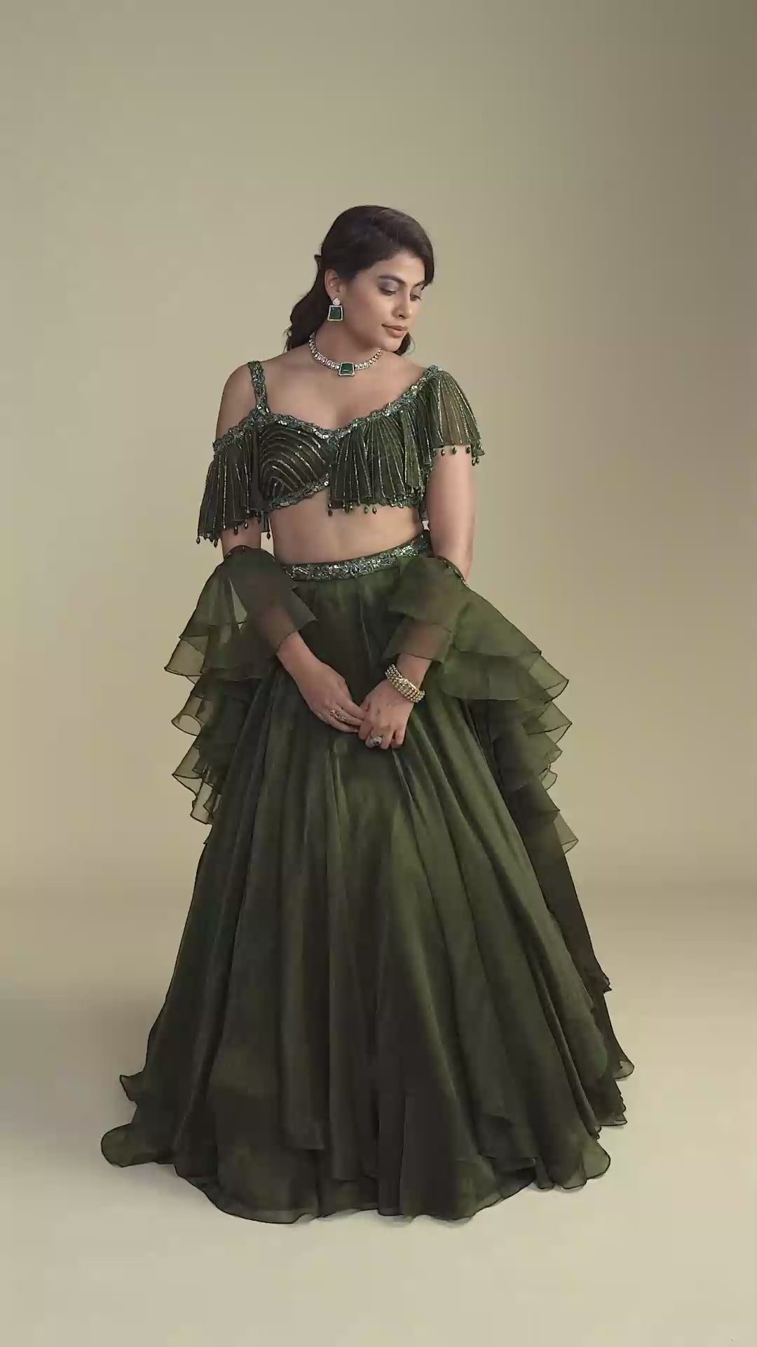 Pine Dark Olive Green Asymmetrical Ruffled Blouse Lehenga Set