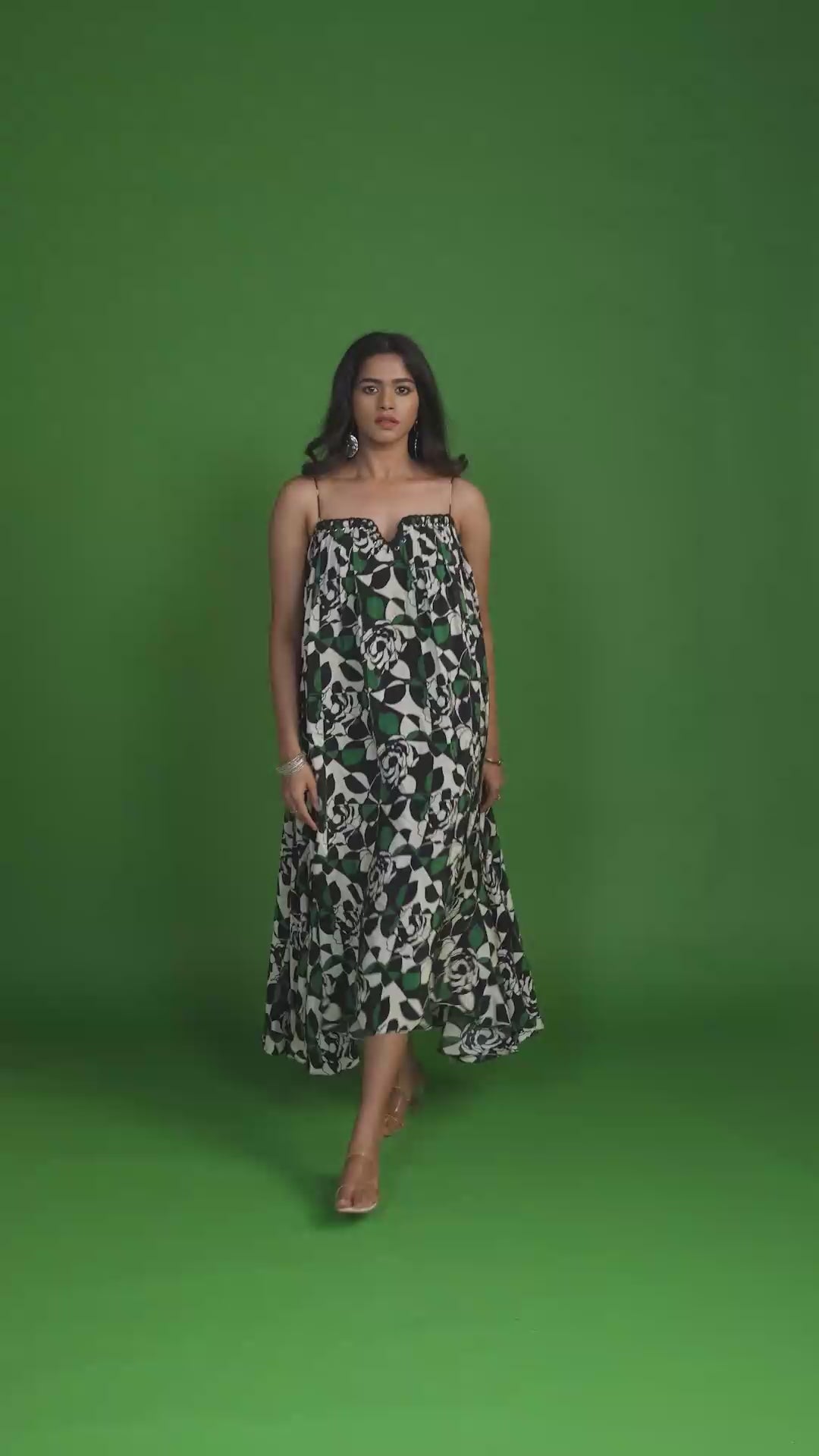 Black & Green Print Calf Length Dress