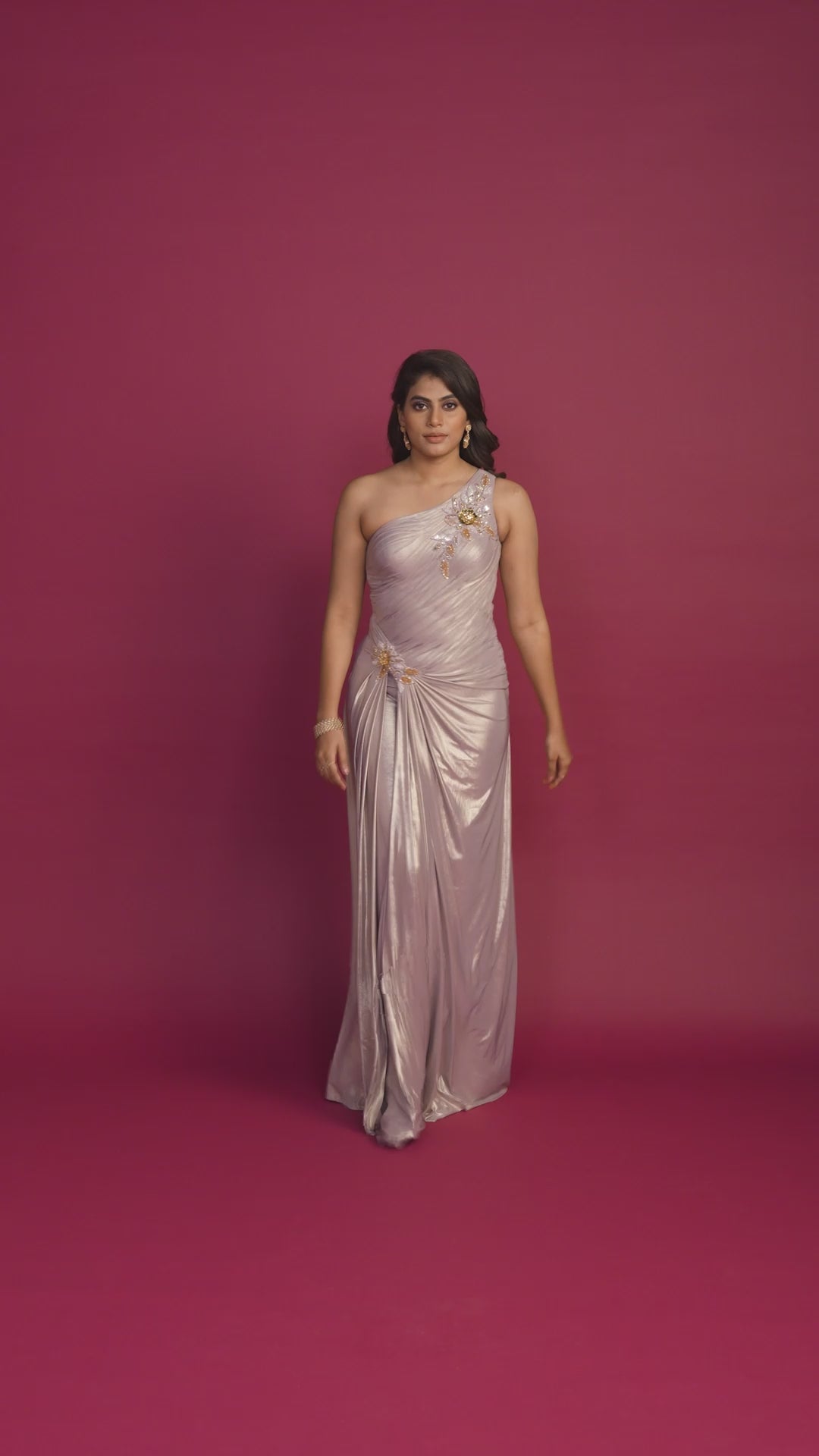 Metallic Lilac Cocktail Draped Panel Gown