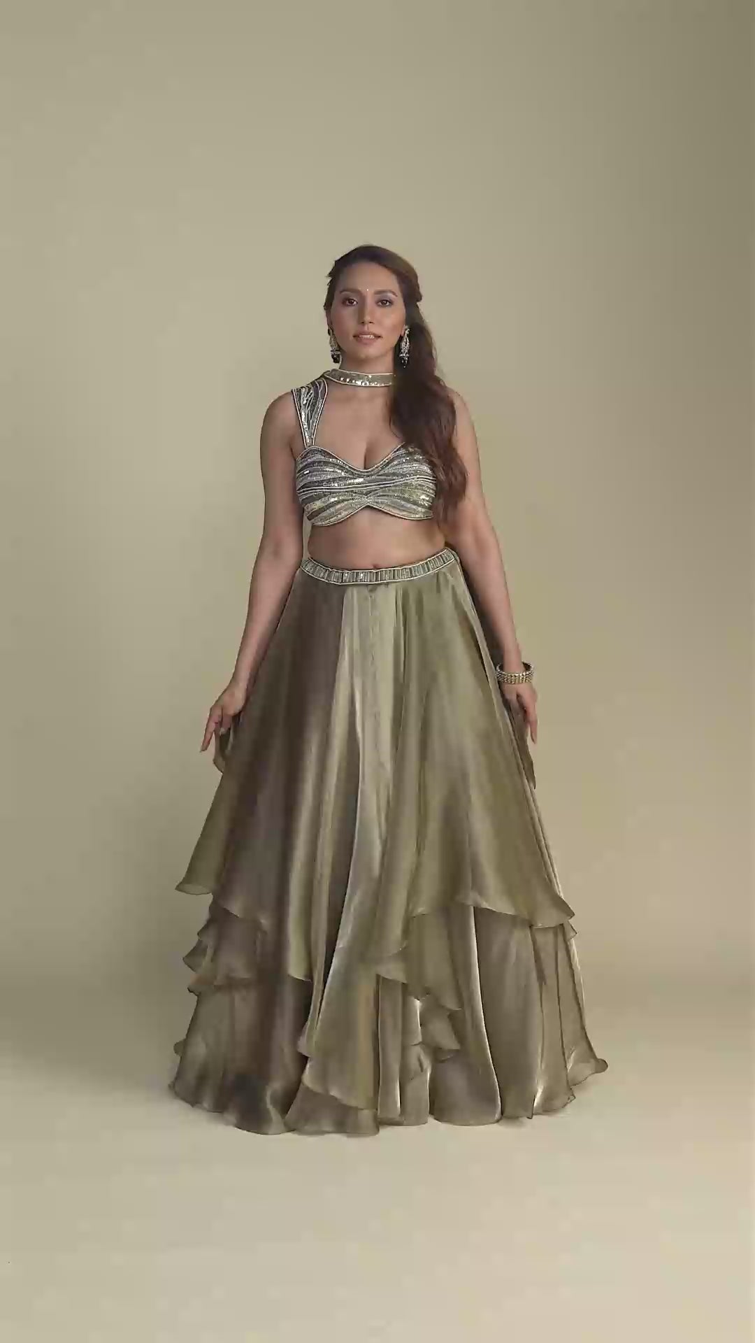 Aura Golden Green Glass Tissue Organza Lehenga with Metallic Blouse