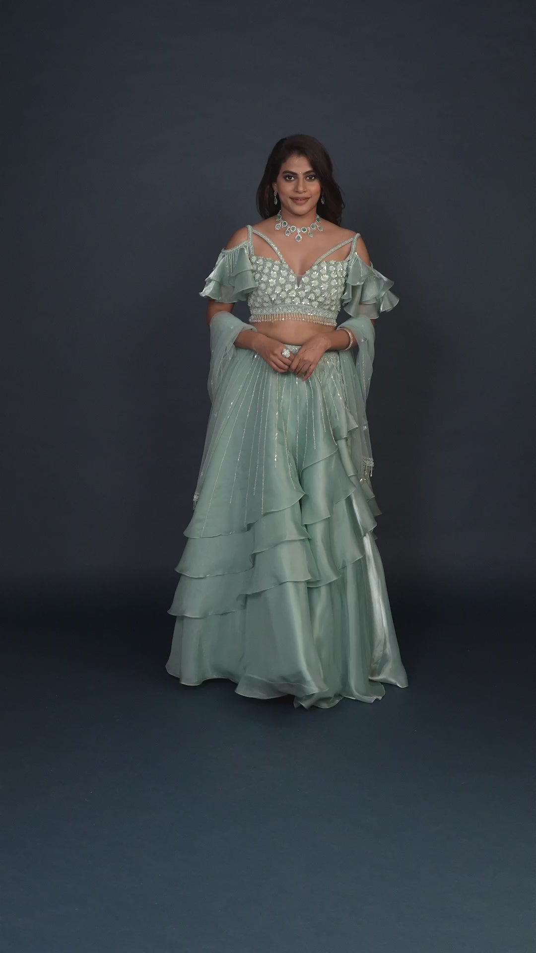 Celeste Blue Cold Shouldered Glass Tissue Lehenga Set